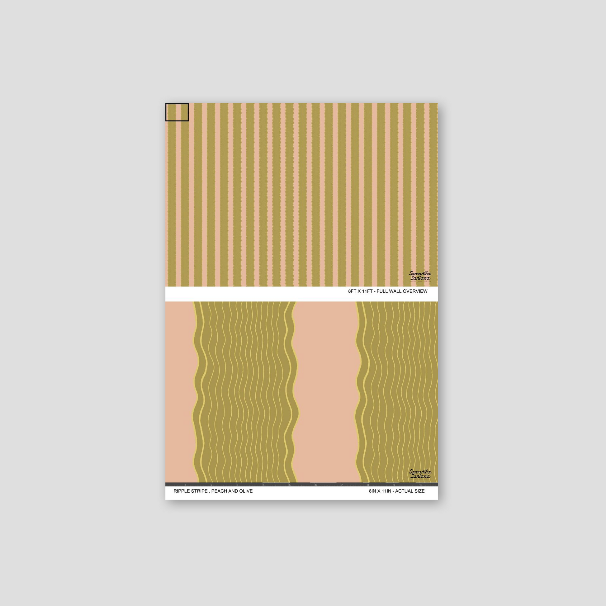 Peach and olive ripple stripe wallpaper sample with wavy pattern.