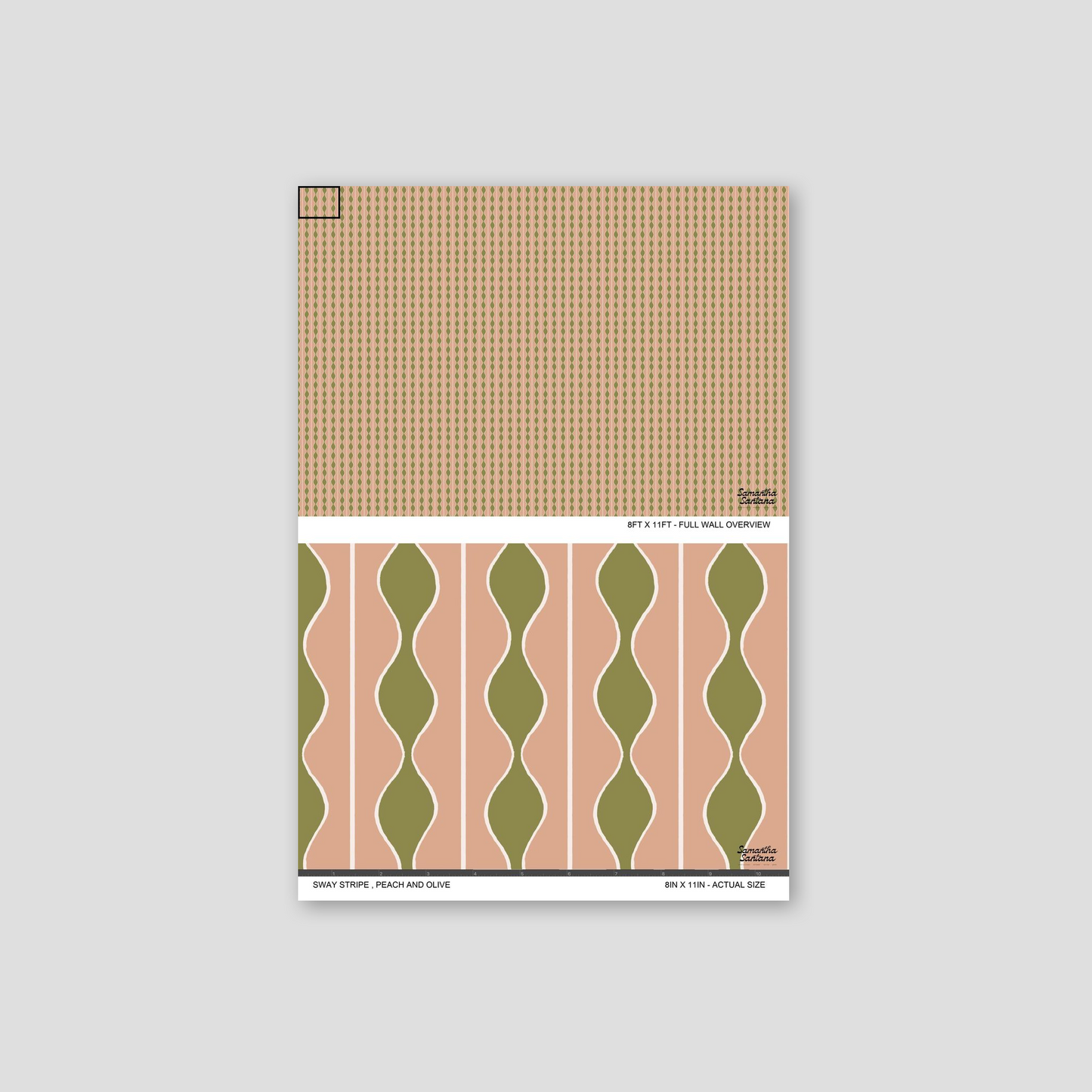Peach and olive wavy stripe wallpaper sample on display.