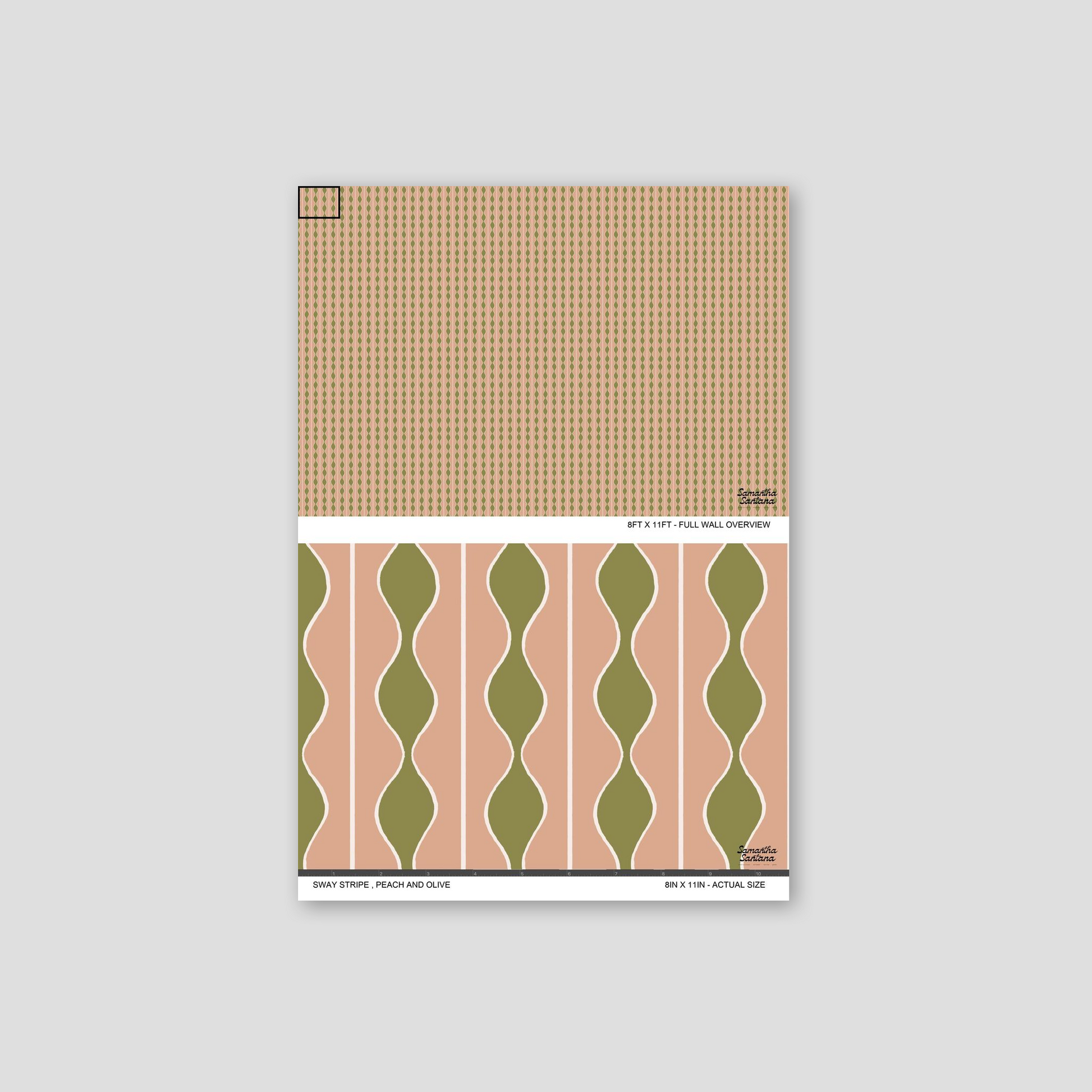 Peach and olive wavy stripe wallpaper sample on display.