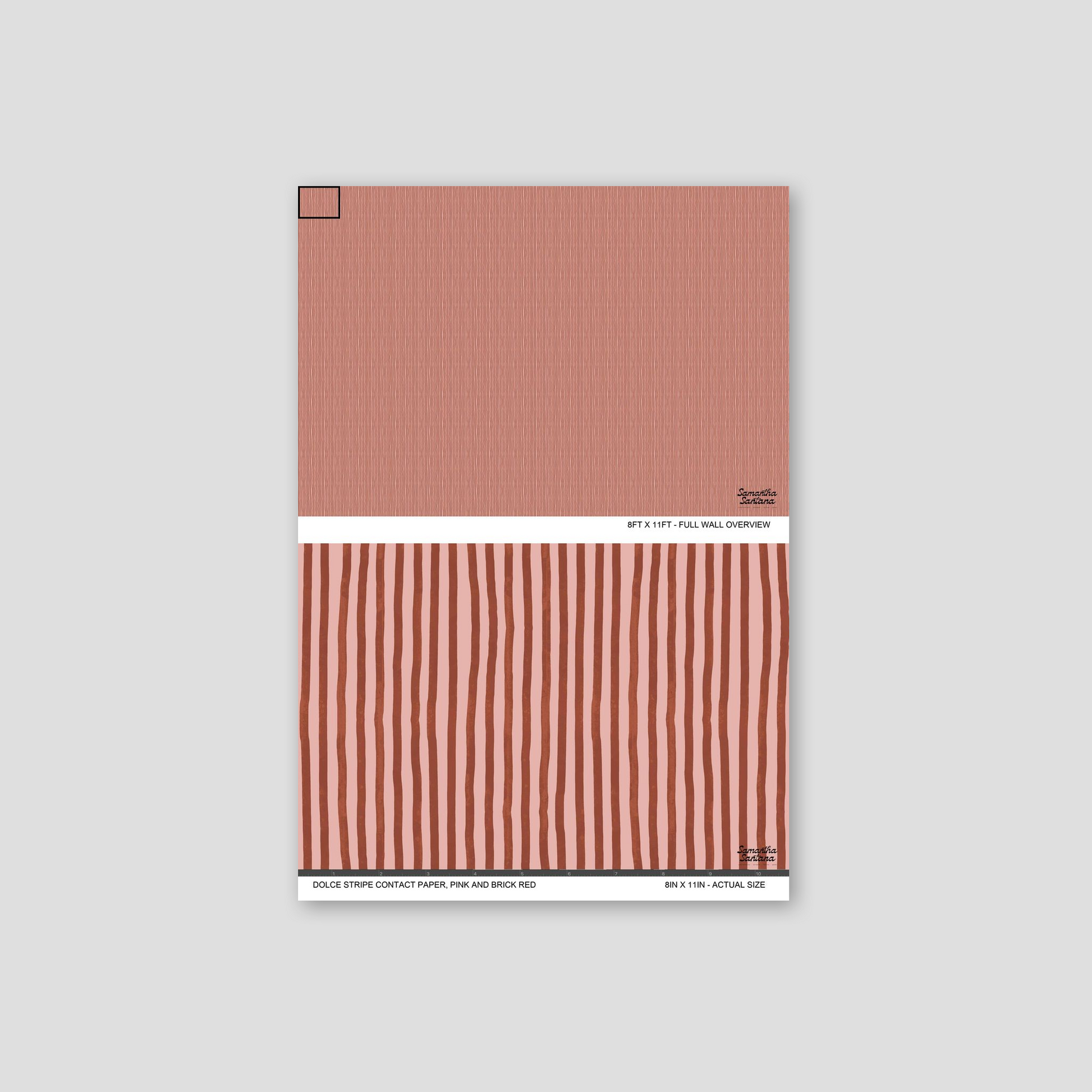 Pink and brick red striped contact paper, shelf liner sample with organic lines.