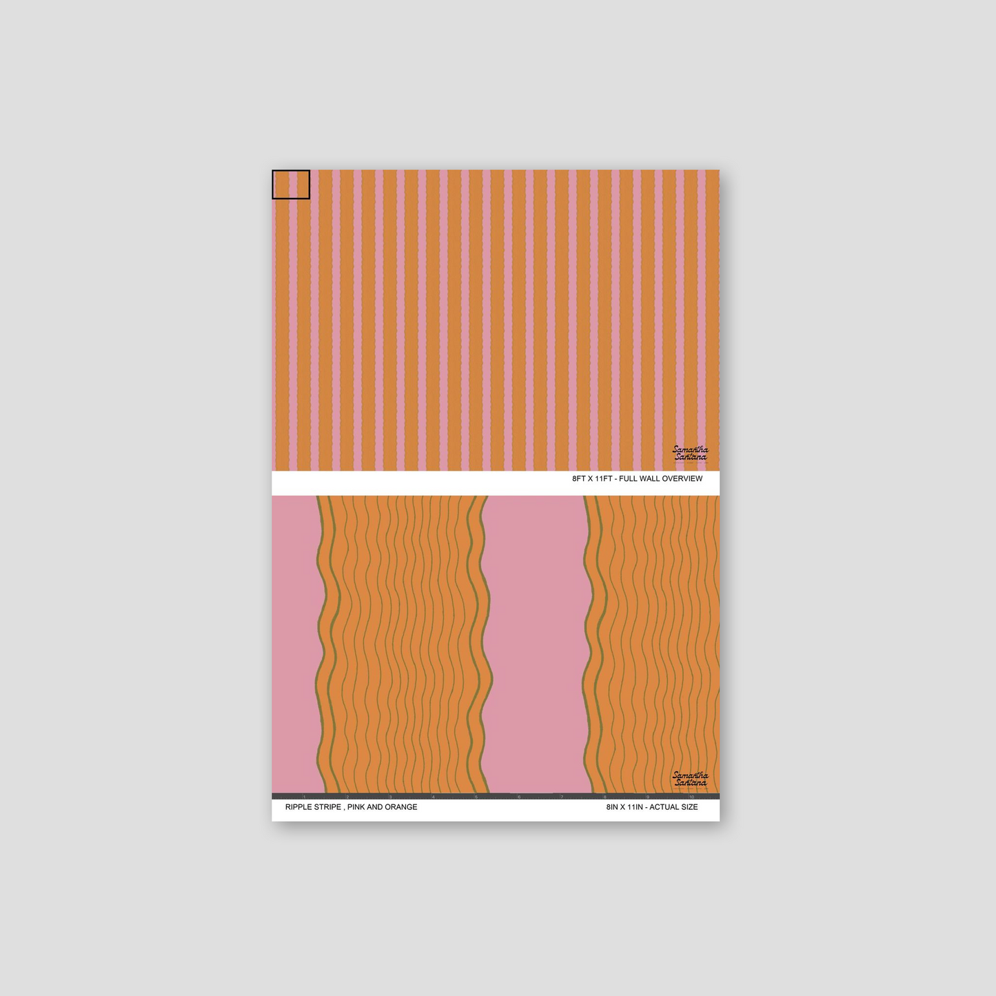 Pink and orange ripple stripe wallpaper sample with wavy pattern.