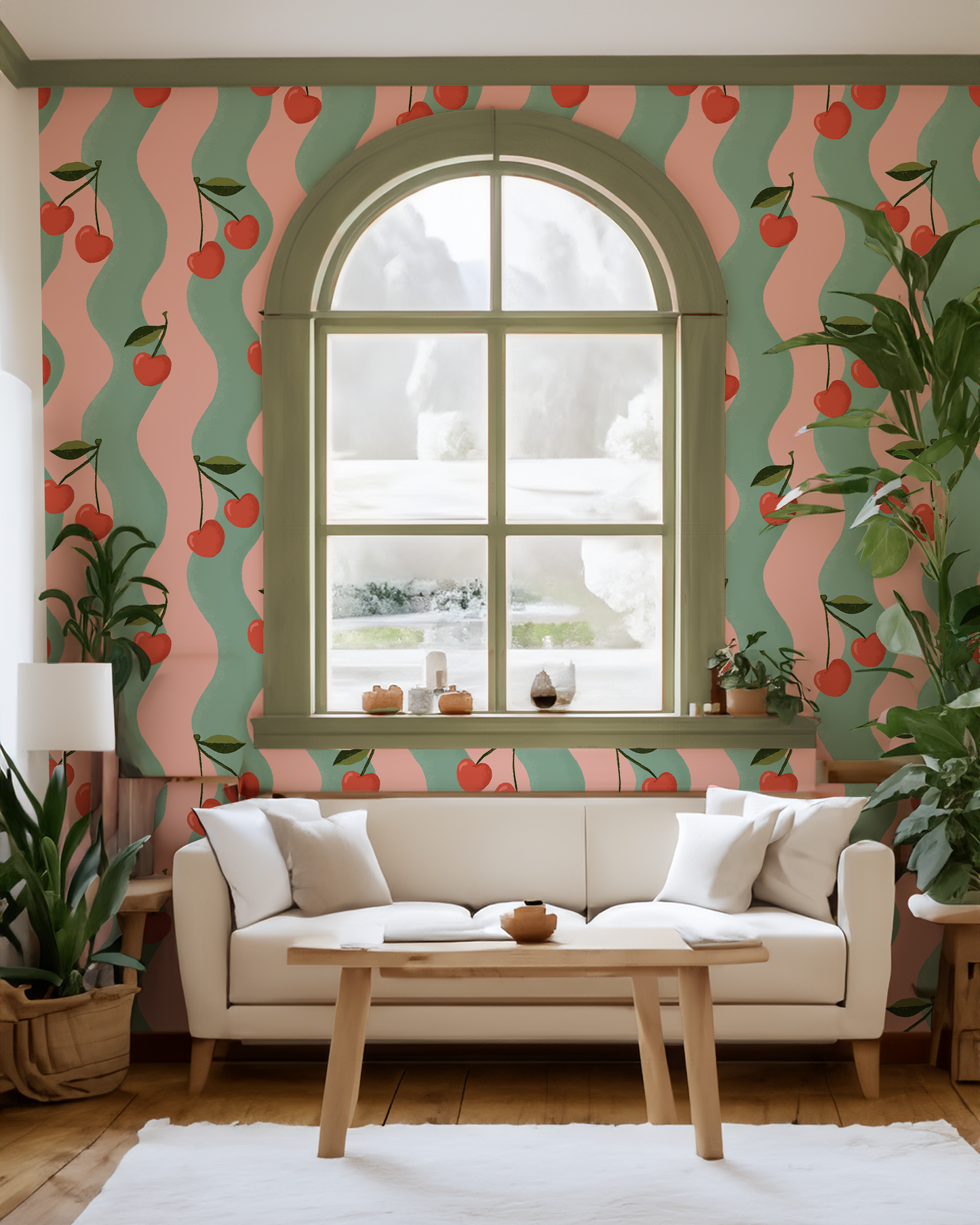 Wavy Cherry Wallpaper, pink and teal