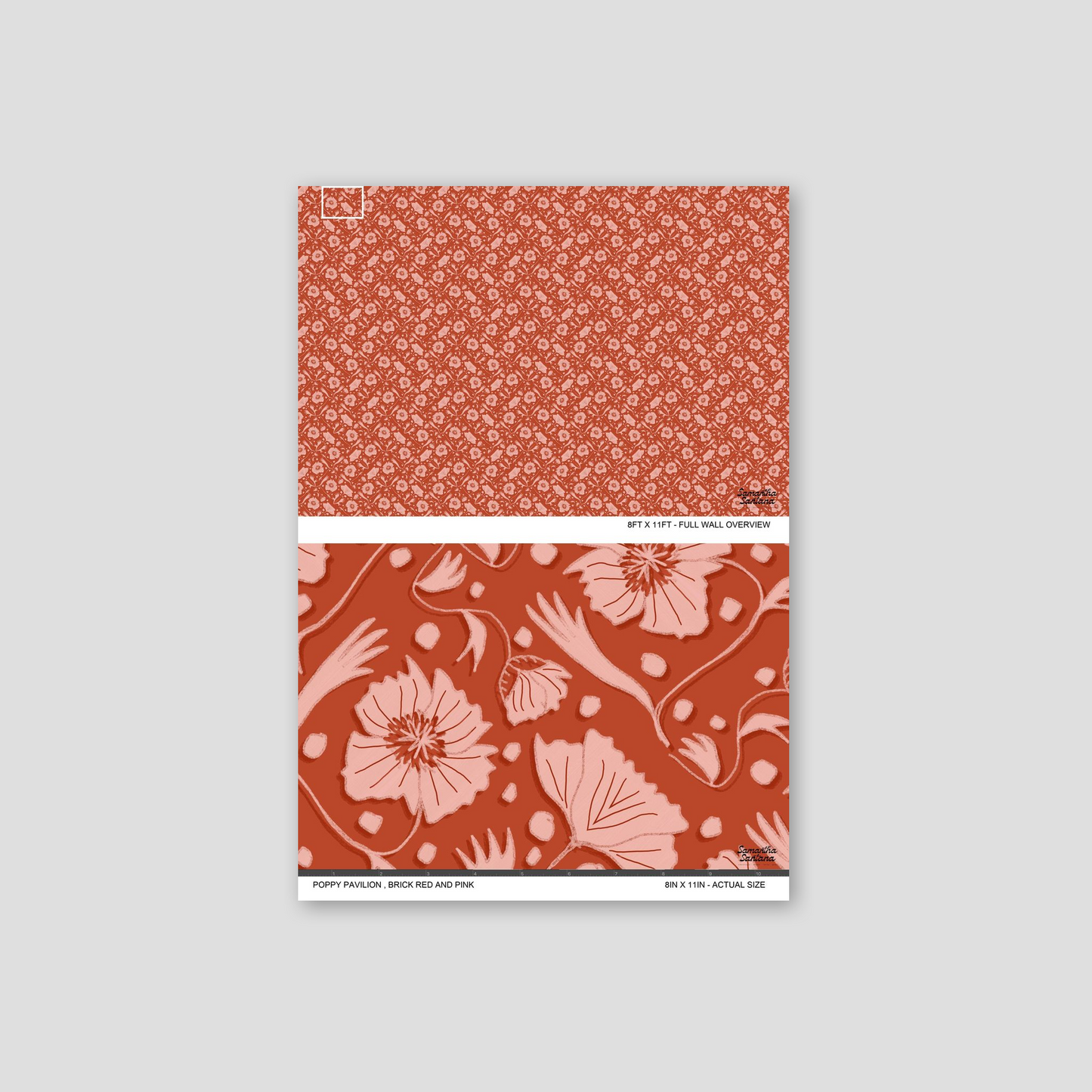 Poppy Pavilion wallpaper sample with brick red and pink floral pattern.