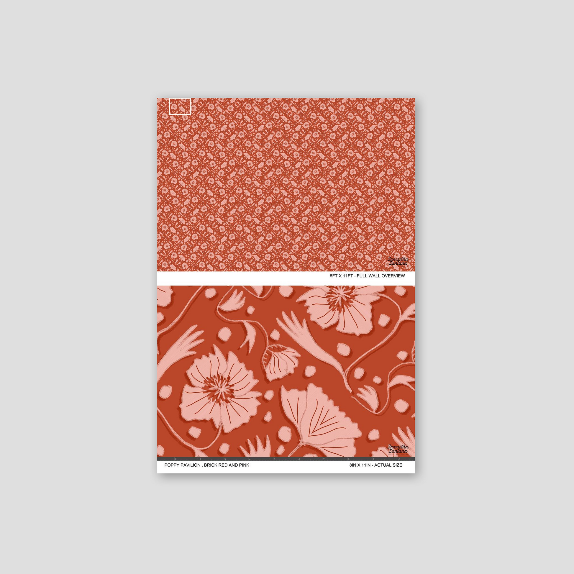 Poppy Pavilion wallpaper sample with brick red and pink floral pattern.