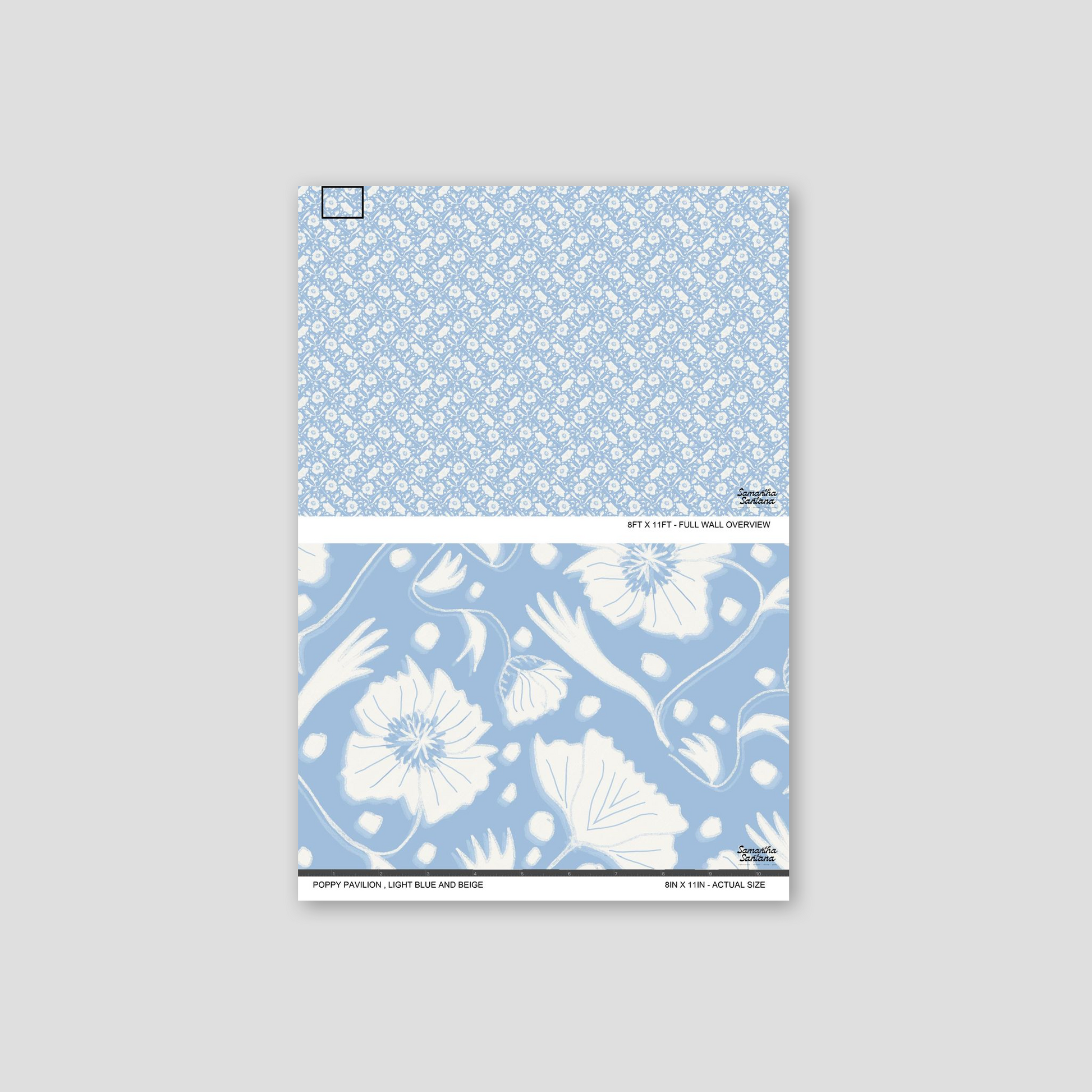 Light blue and beige floral wallpaper sample with poppy motifs.