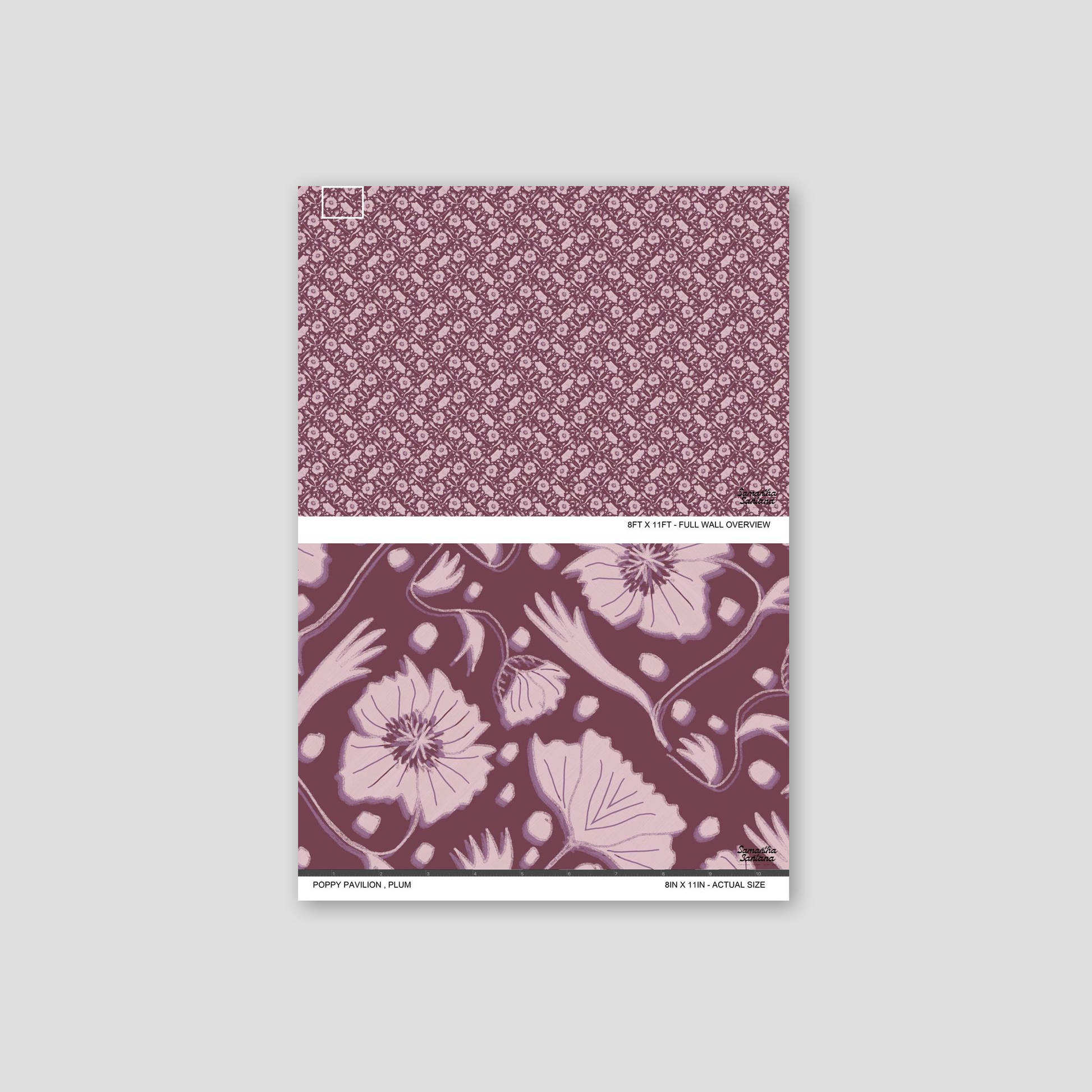 Poppy Pavilion plum wallpaper with pastel floral motifs and intricate pattern.