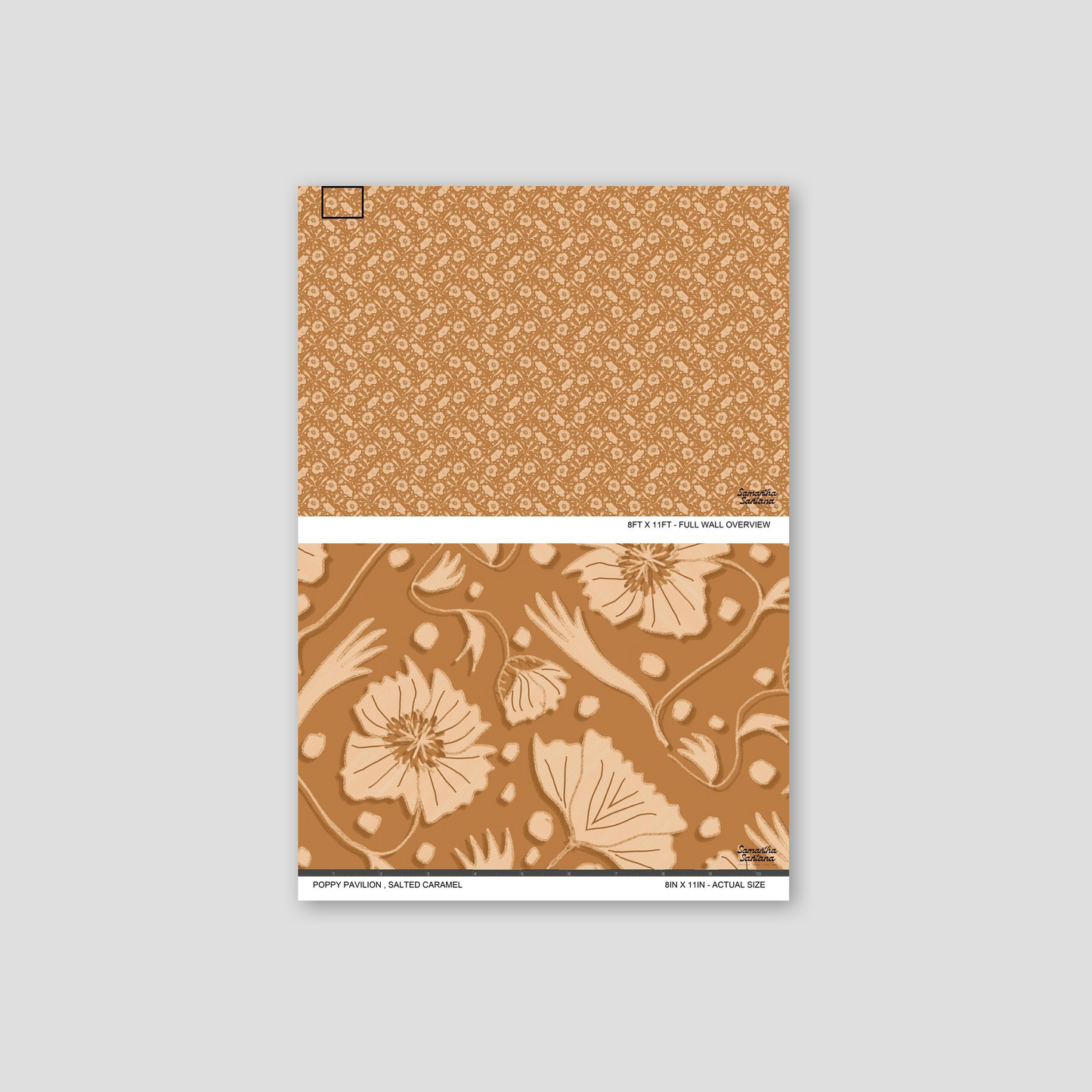 Poppy Pavilion salted caramel floral wallpaper with intricate botanical design.