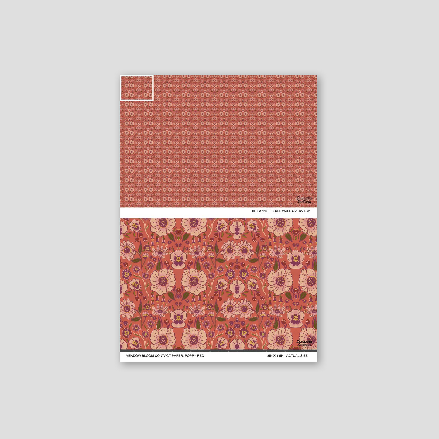 Poppy red floral contact paper, shelf liner with intricate patterns and vibrant colors.