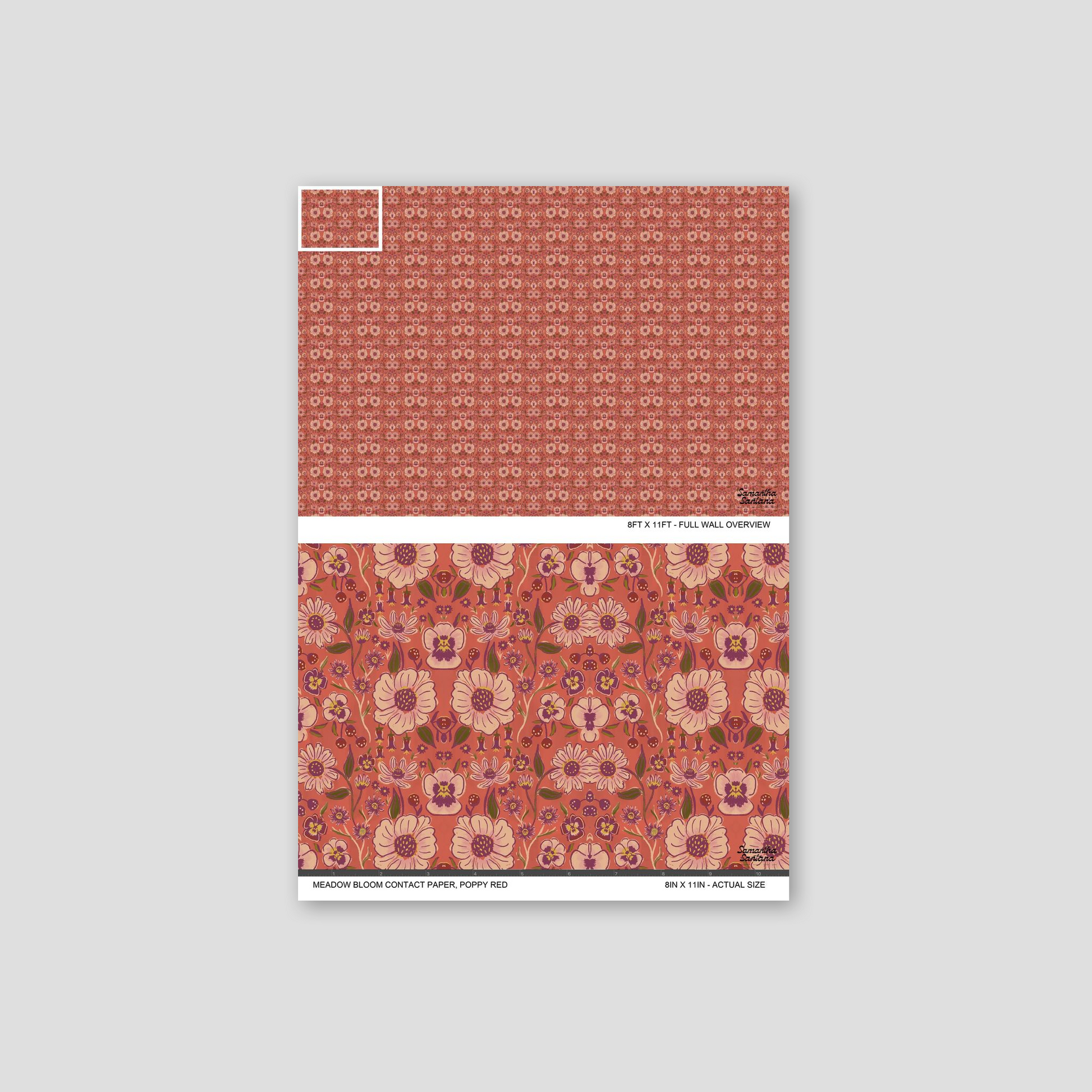 Poppy red floral contact paper, shelf liner with intricate patterns and vibrant colors.