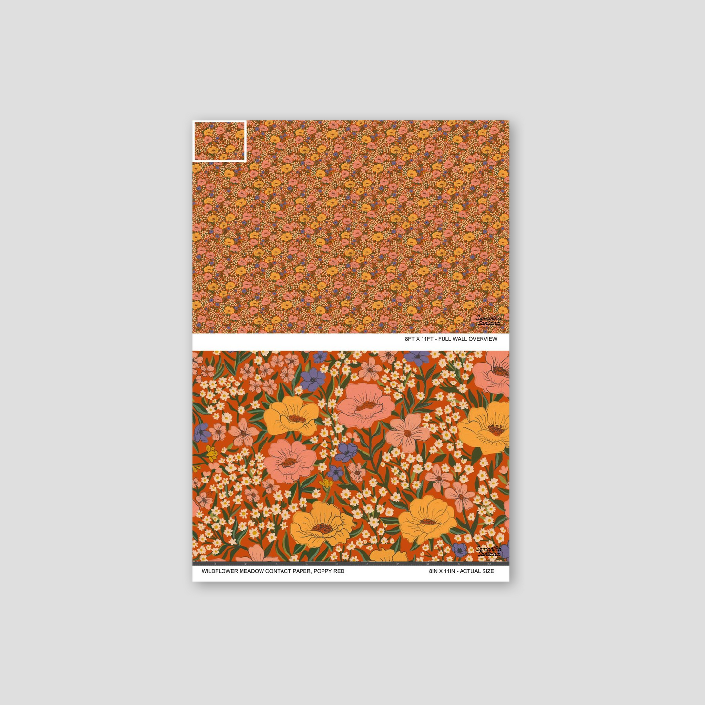 Poppy red floral contact paper, shelf liner with intricate wildflower pattern in vibrant colors.