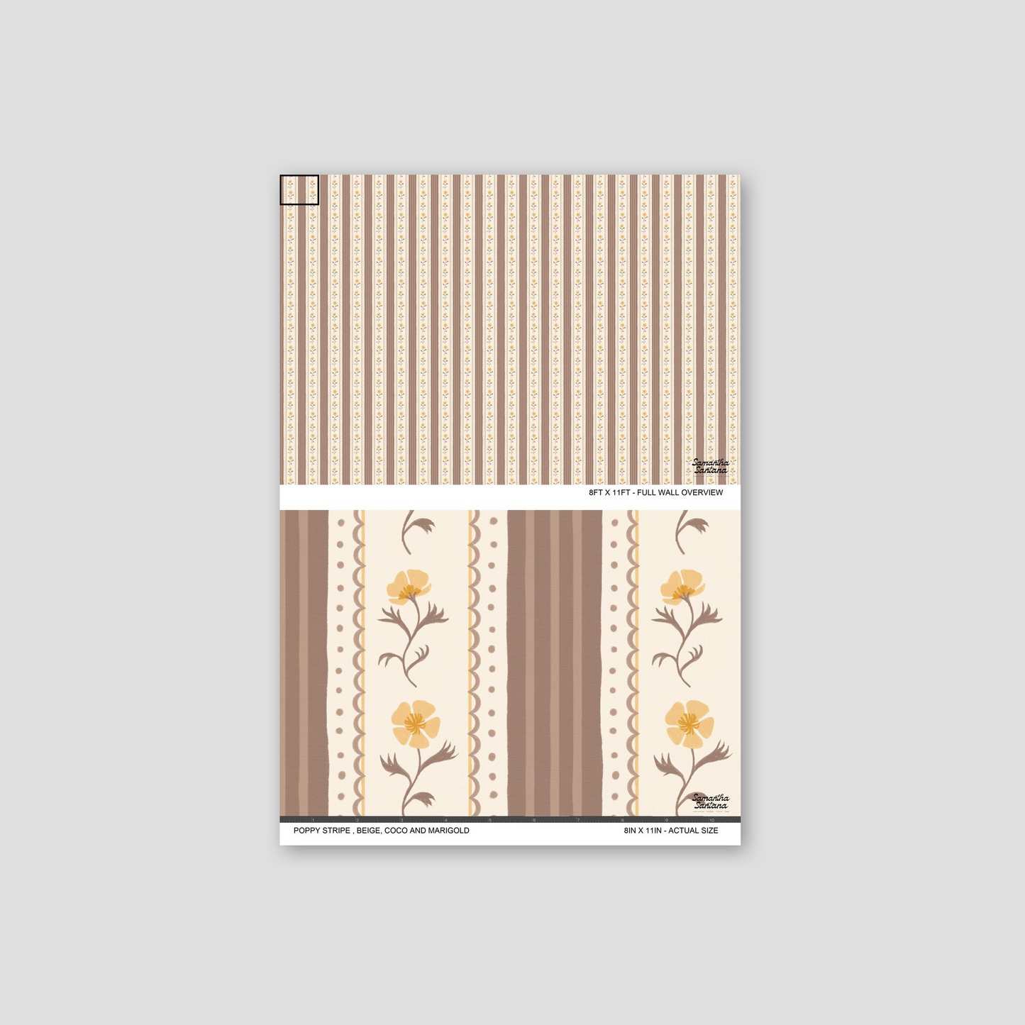 Poppy Stripe Wallpaper with beige background, coco stripes, and marigold floral motifs.