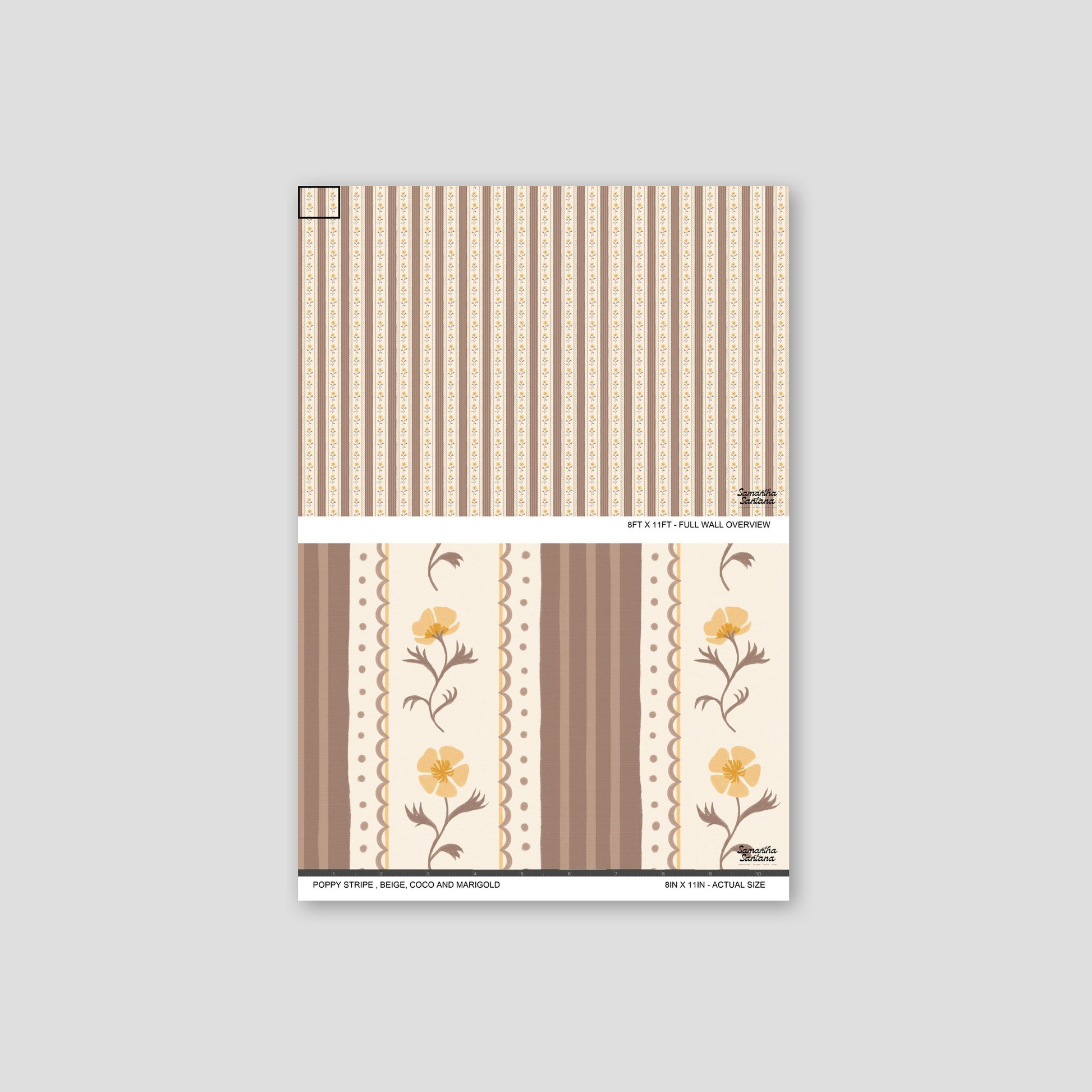 Poppy Stripe Wallpaper with beige background, coco stripes, and marigold floral motifs.