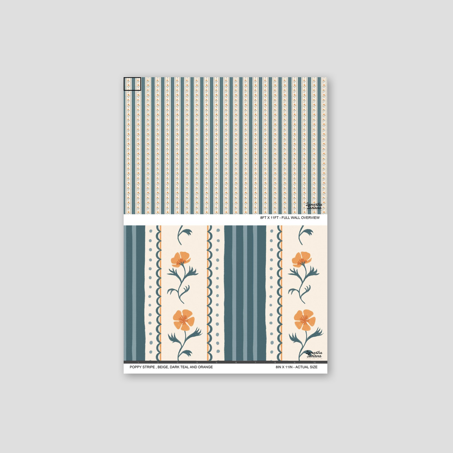Poppy Stripe Wallpaper with beige, dark teal, and orange floral pattern.