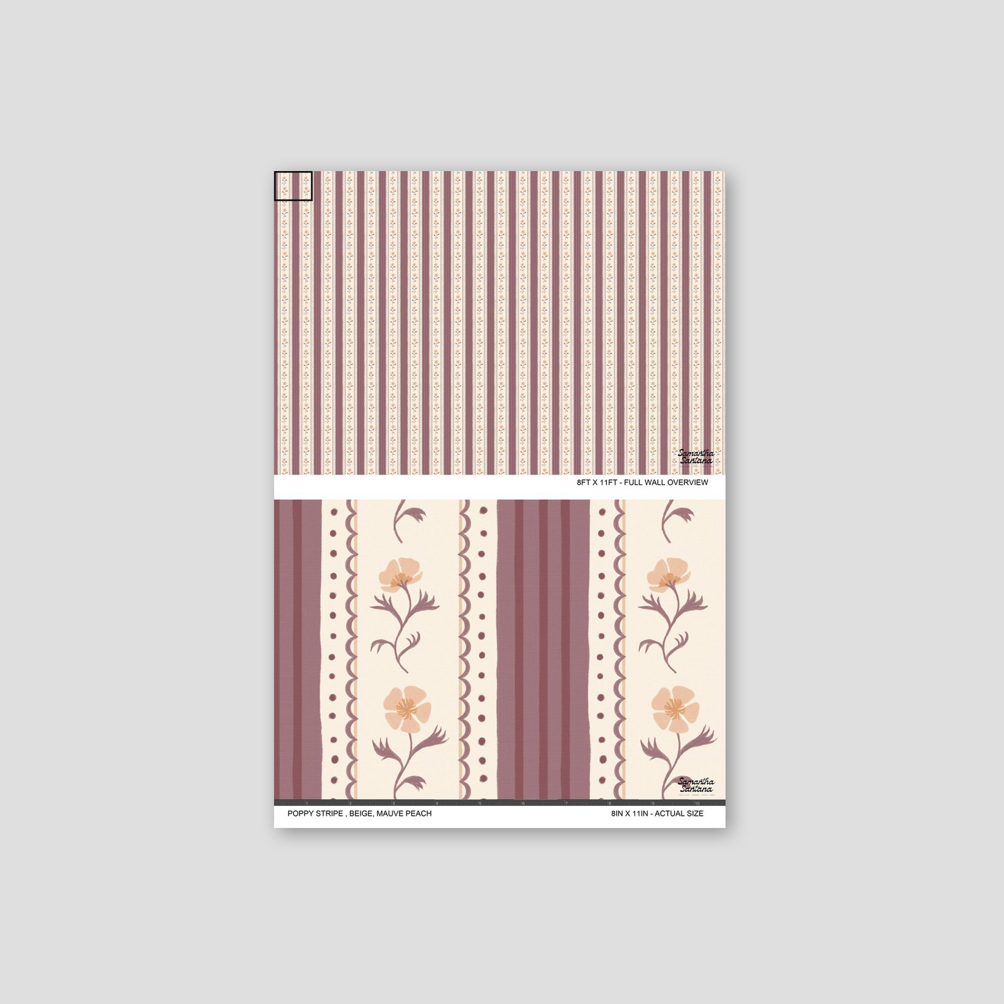 Poppy Stripe wallpaper with beige and mauve vertical stripes and peach floral motifs.