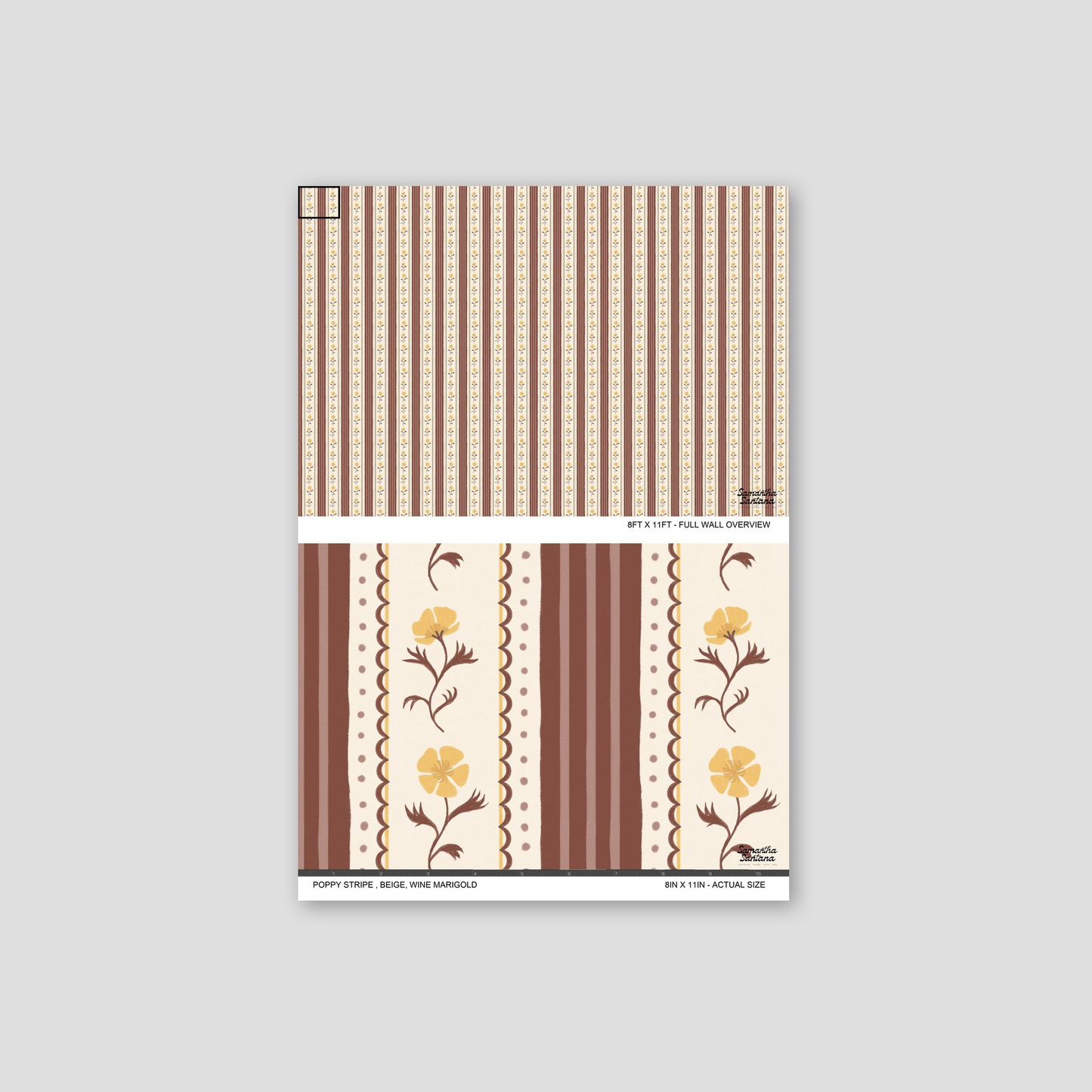 Poppy Stripe Wallpaper with beige and wine floral pattern sample.