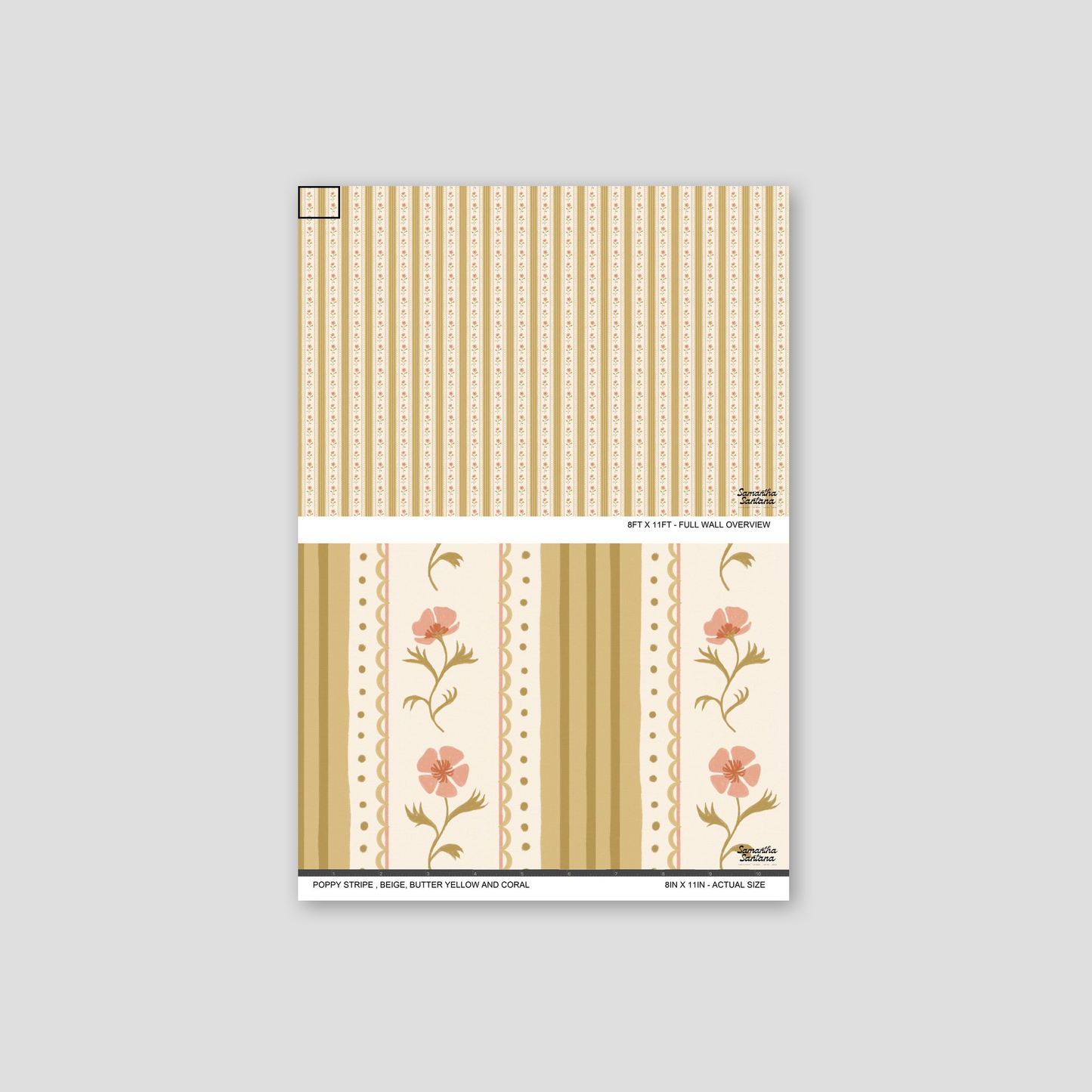 Poppy Stripe Wallpaper with coral floral motifs on beige and butter yellow stripes.