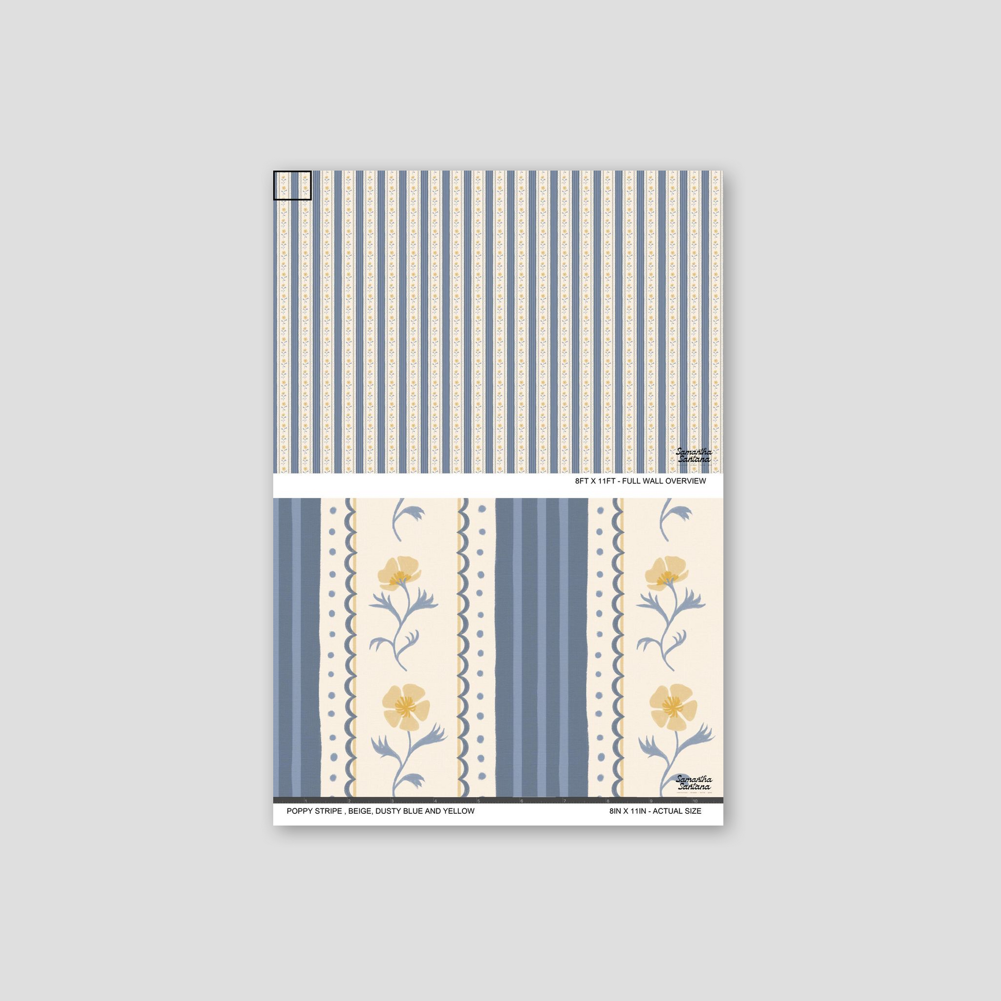 Poppy Stripe Wallpaper with floral motifs in dusty blue and yellow on beige background.