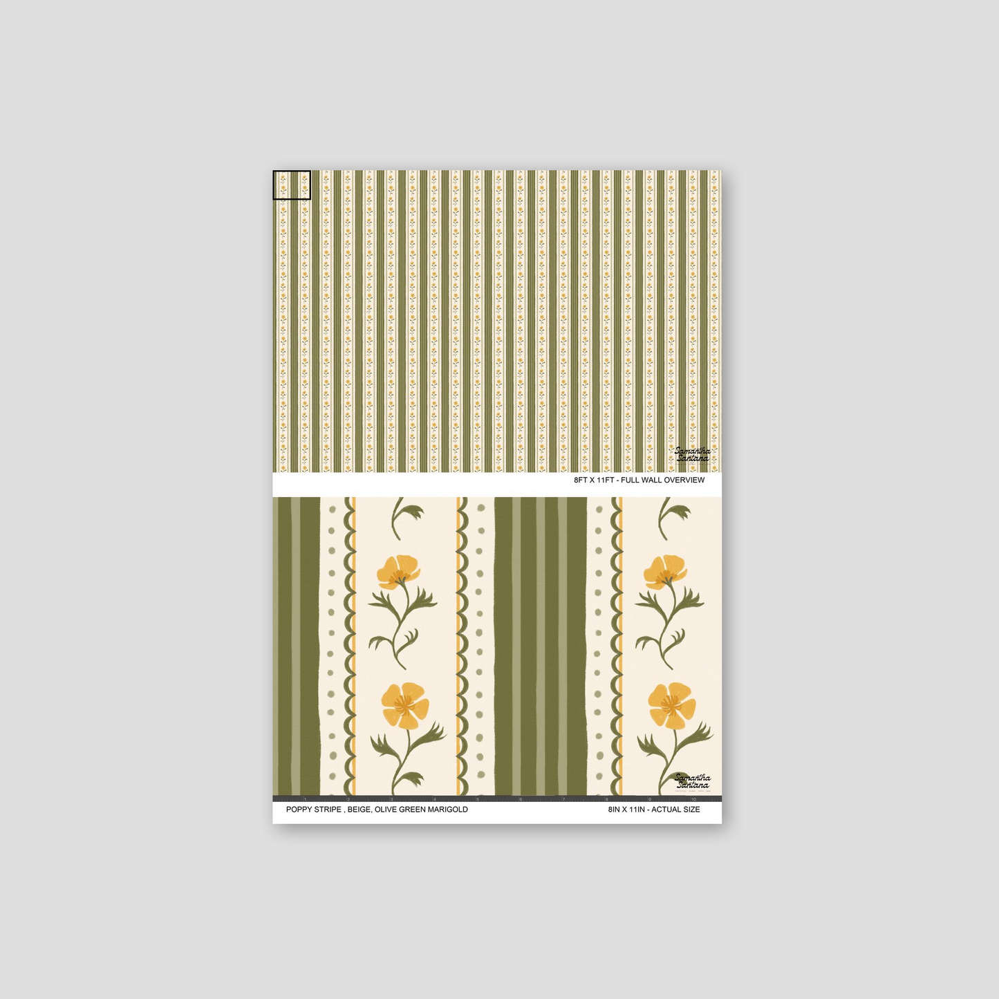 Poppy Stripe Wallpaper with olive green and beige stripes and marigold floral motifs.