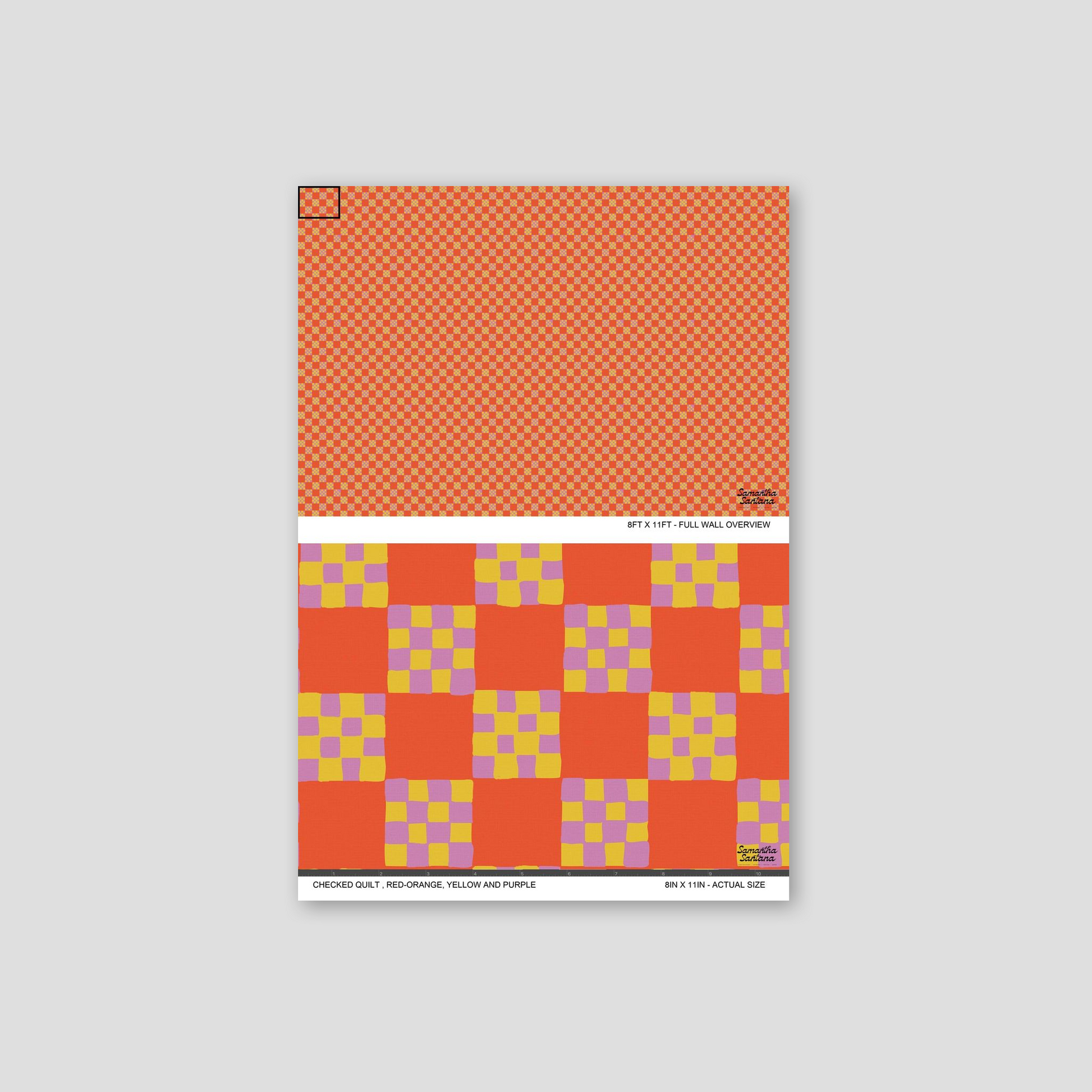 Red-orange checked quilt wallpaper with yellow and purple squares, sample view.