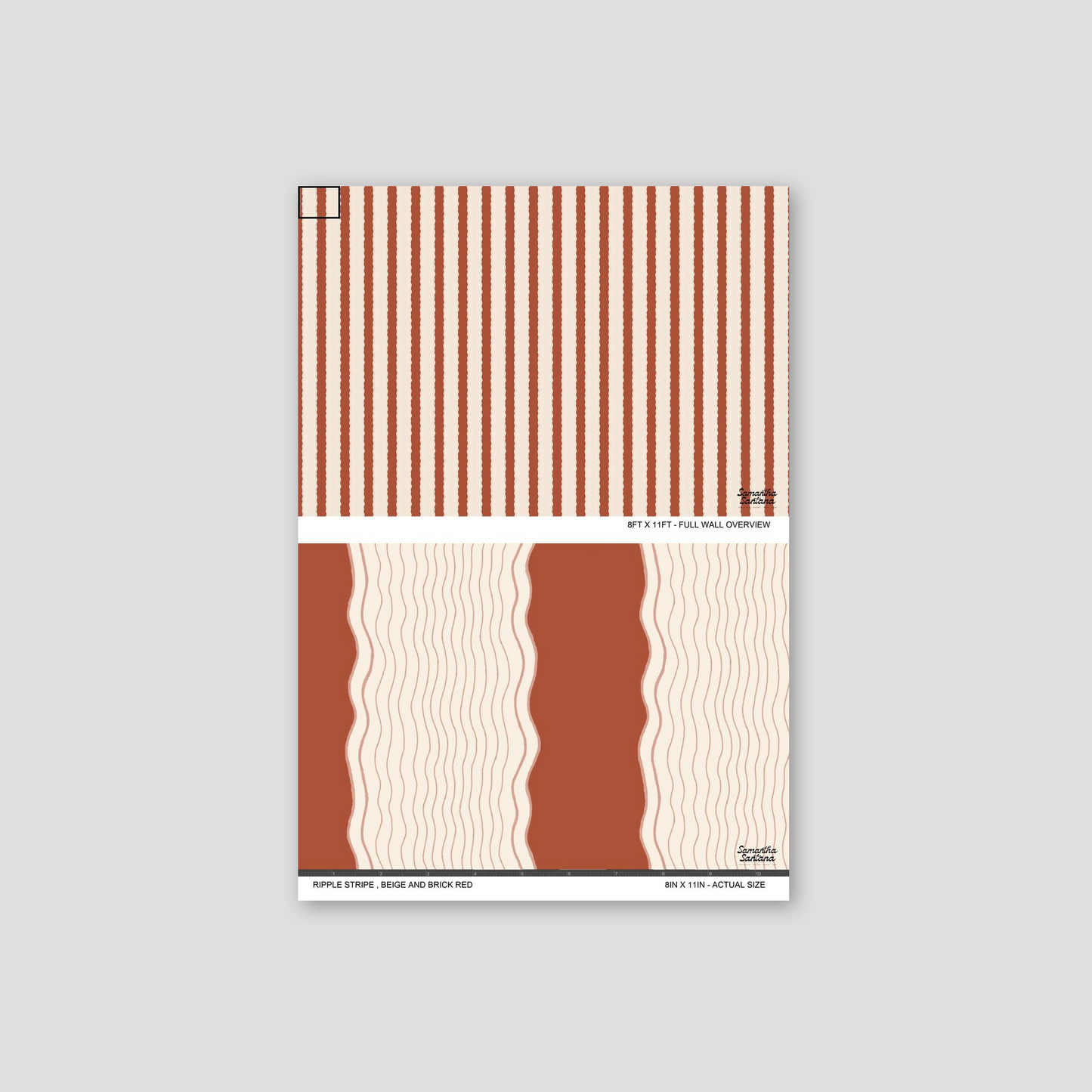 Ripple Stripe wallpaper with beige and brick red wavy lines, sample view.
