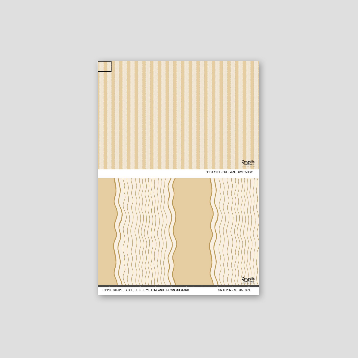 Ripple Stripe Wallpaper with beige and butter yellow wavy lines on sample sheet.