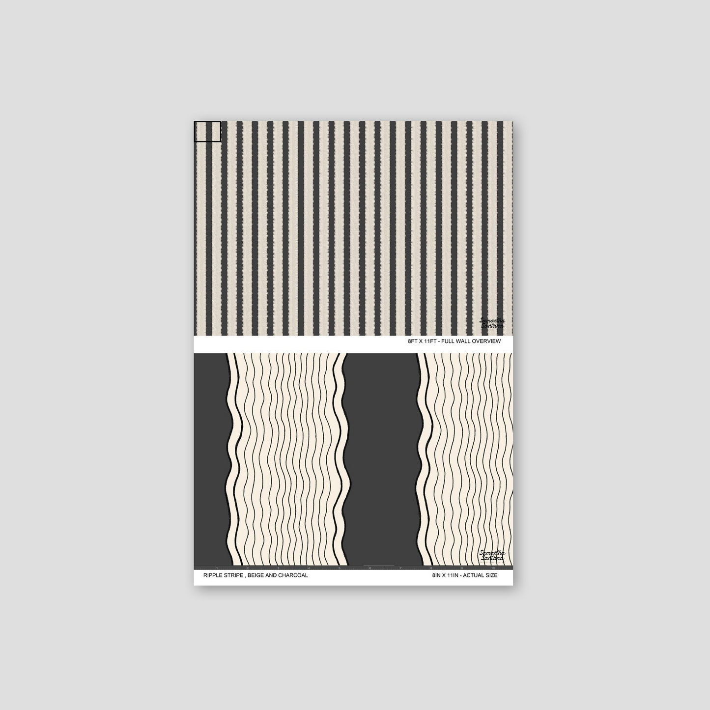 Ripple Stripe Wallpaper with beige and charcoal wavy lines in a geometric pattern.