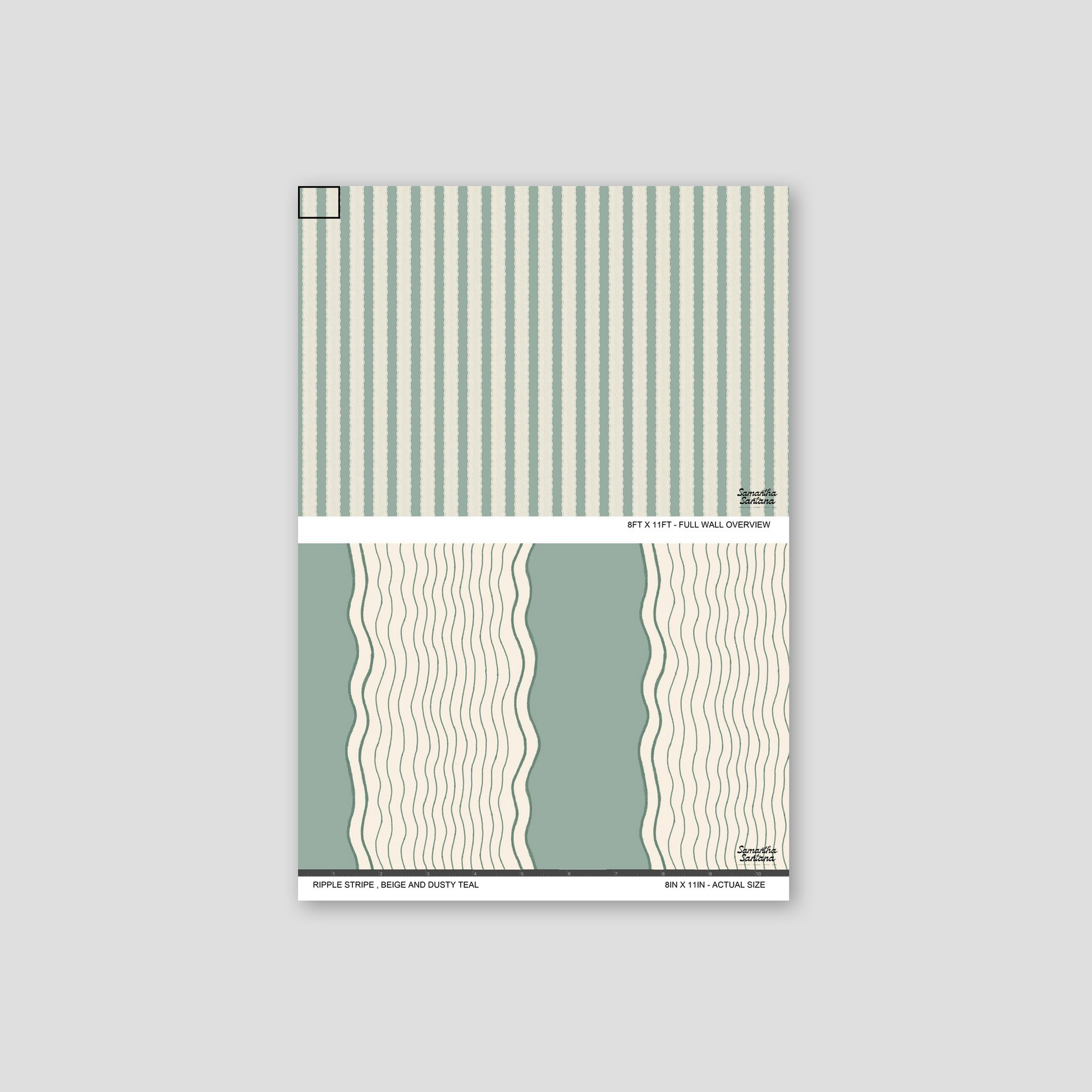 Ripple Stripe Wallpaper in beige and dusty teal with wavy geometric pattern.