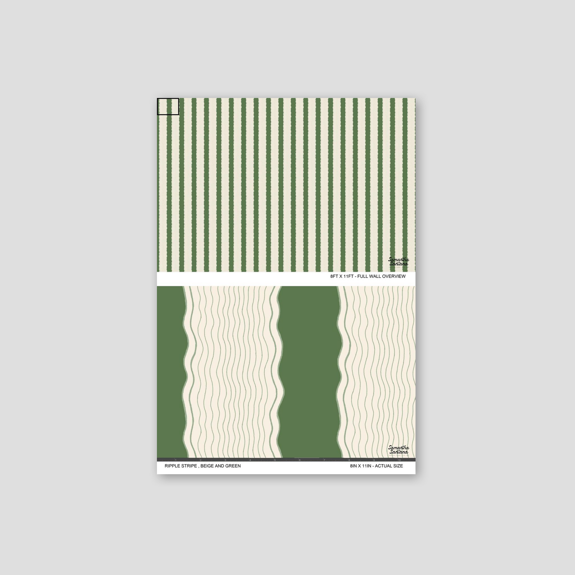 Ripple Stripe wallpaper sample with beige and green wavy stripes.