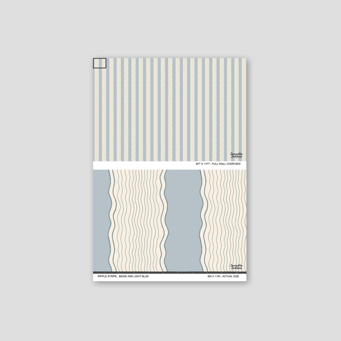 Ripple Stripe wallpaper sample in beige and light blue with wavy pattern.