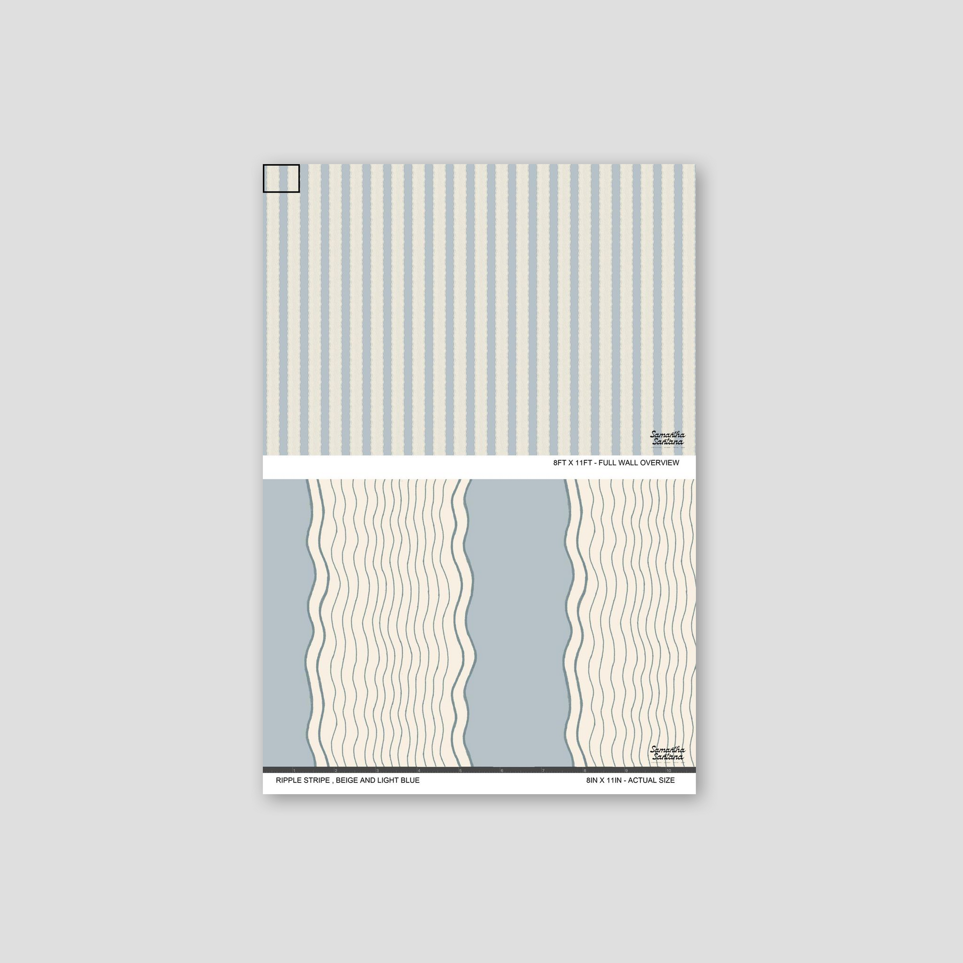 Ripple Stripe wallpaper sample in beige and light blue with wavy pattern.