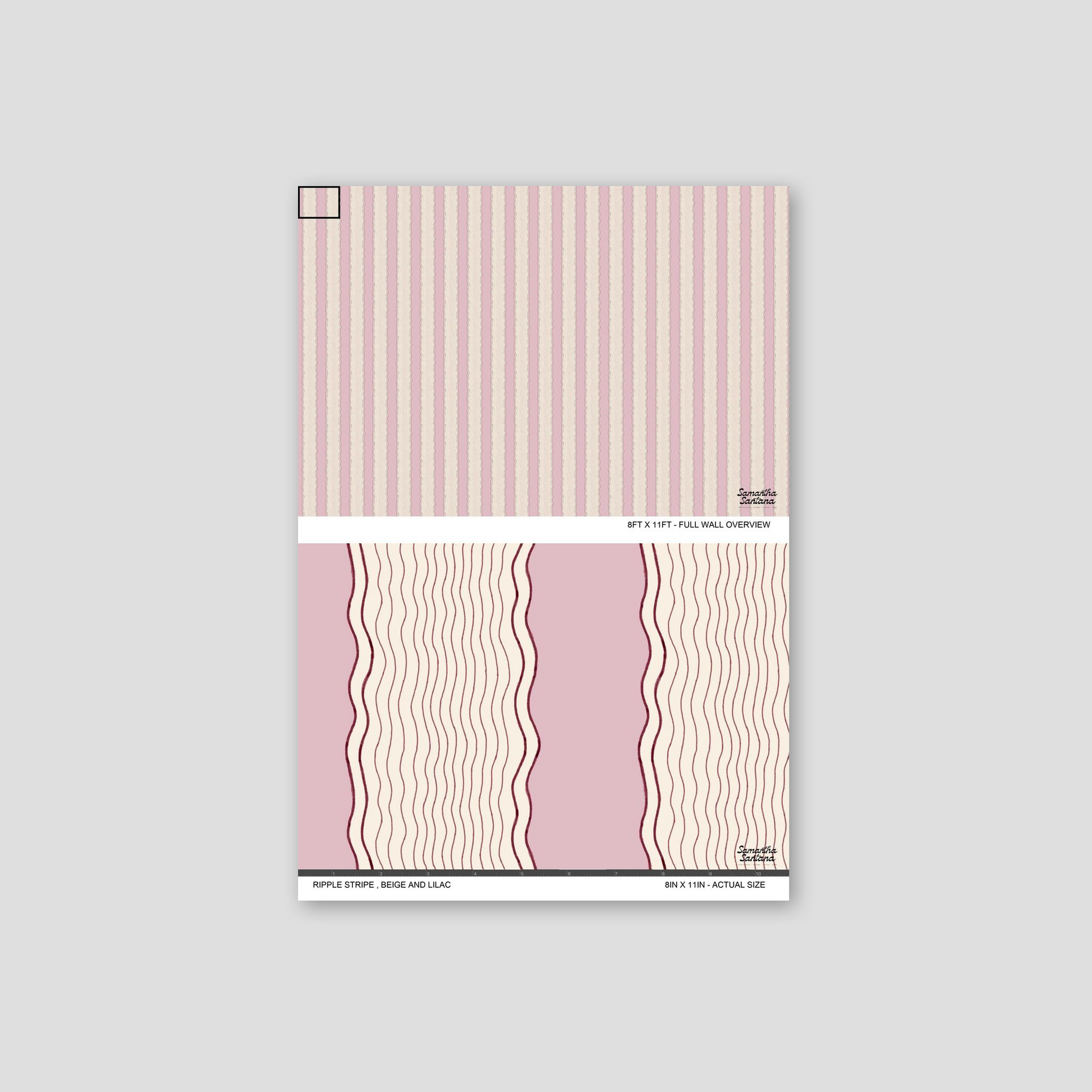 Ripple Stripe Wallpaper sample in beige and lilac with wavy lines.