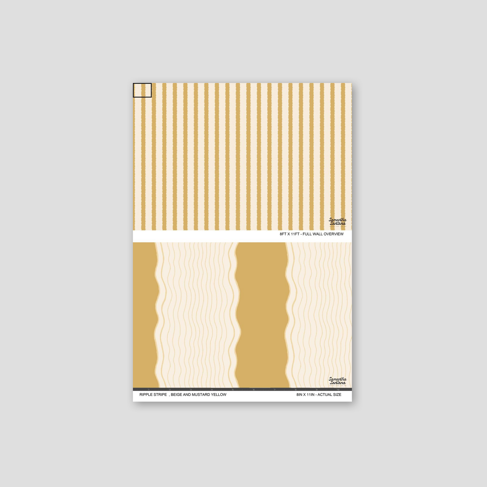 Ripple Stripe wallpaper sample with beige and mustard yellow wavy stripes.