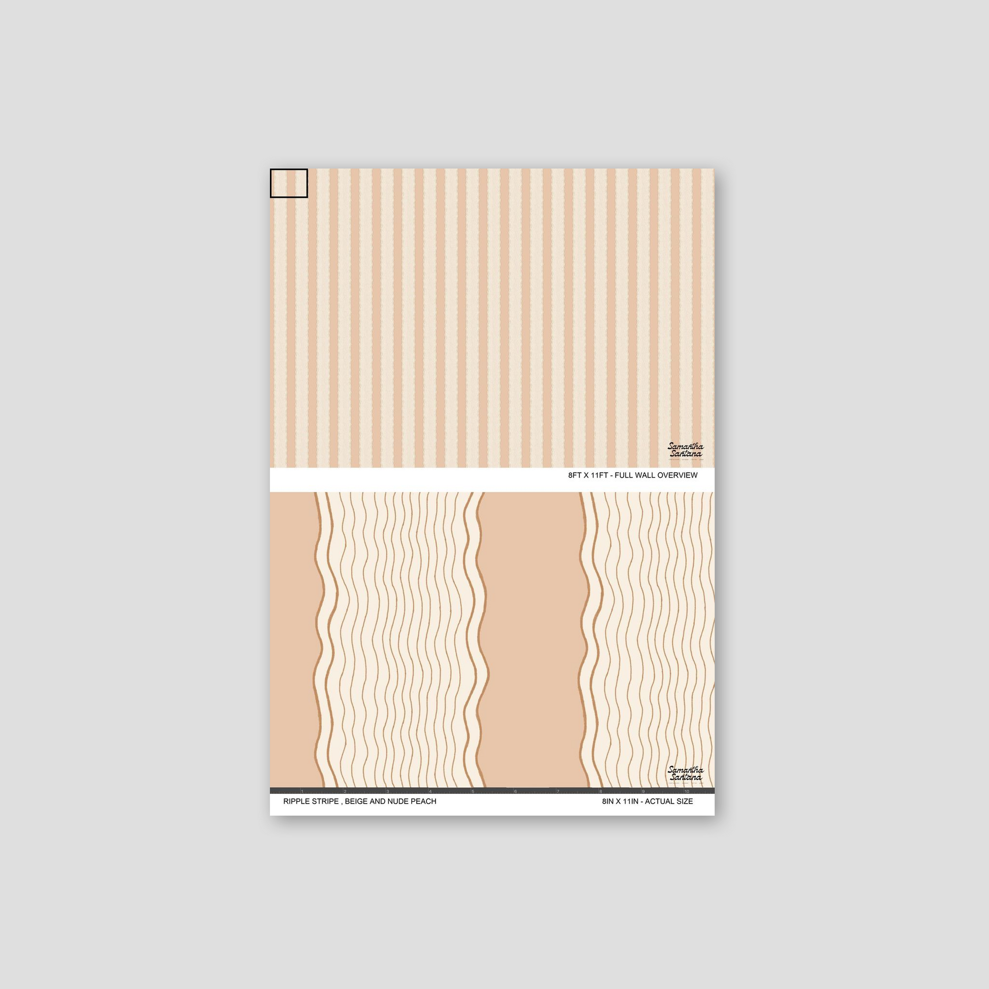 Ripple Stripe Wallpaper in beige and nude peach with wavy lines, sample view.