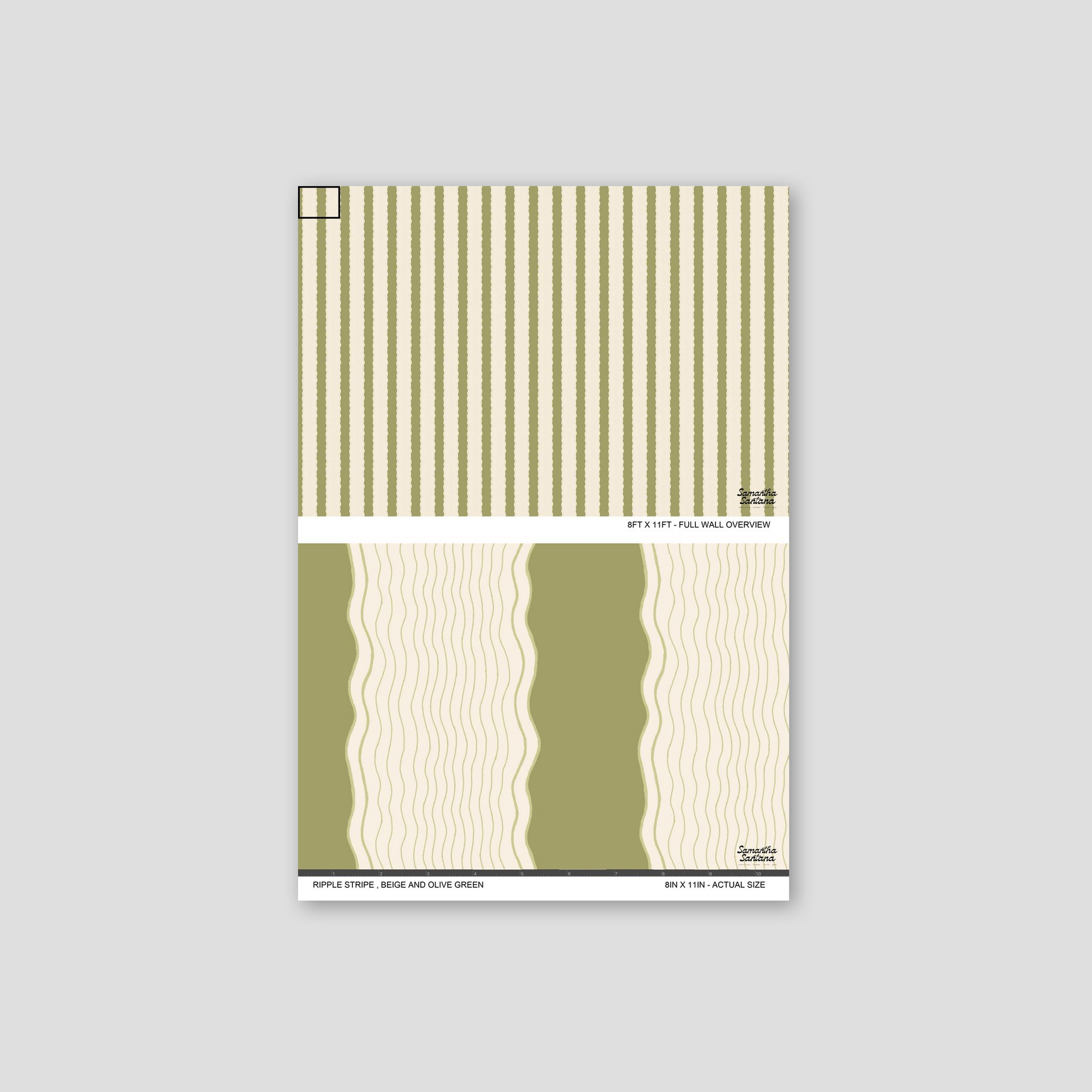 Ripple Stripe wallpaper sample with beige and olive green wavy stripes