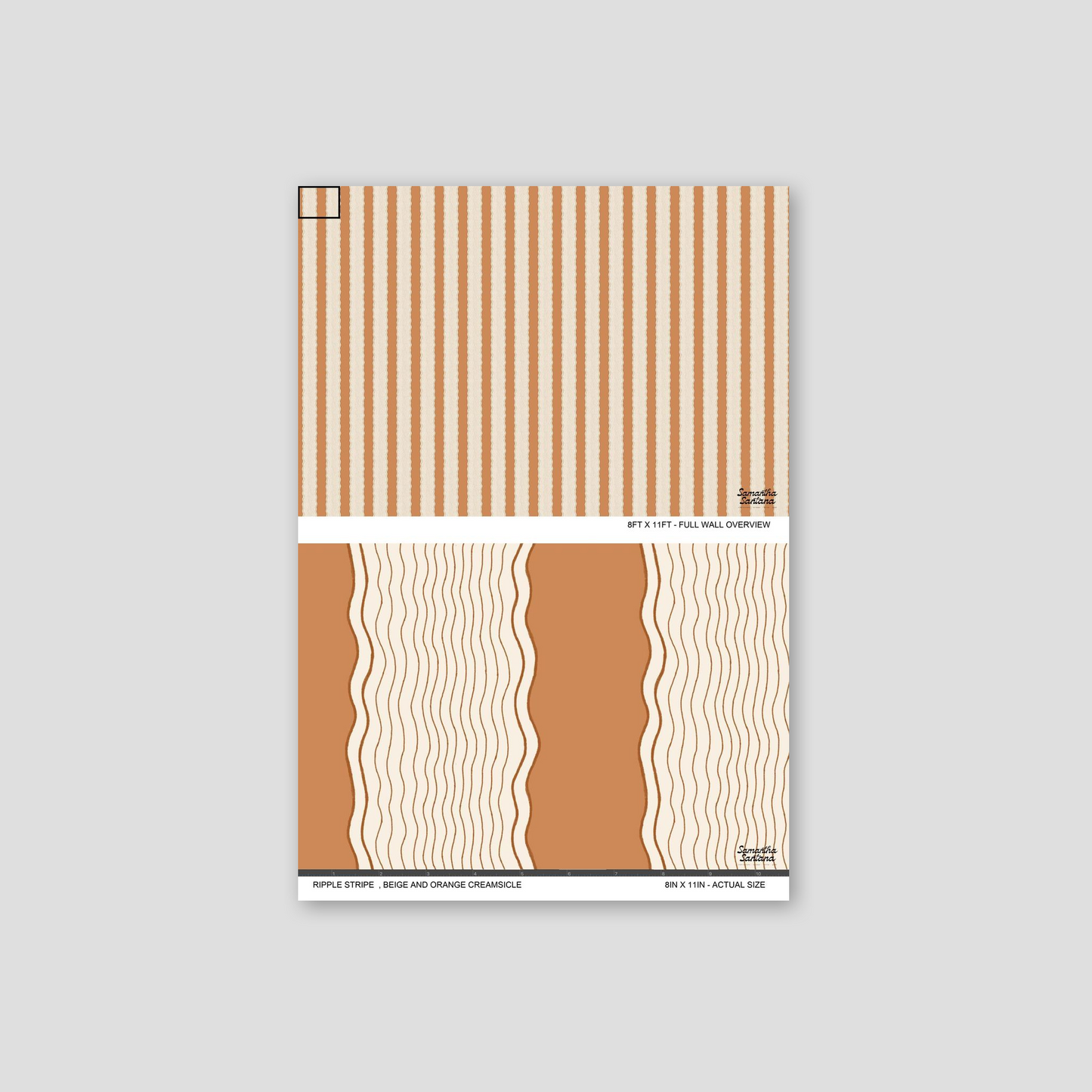 Ripple Stripe wallpaper sample with beige and orange wavy stripes