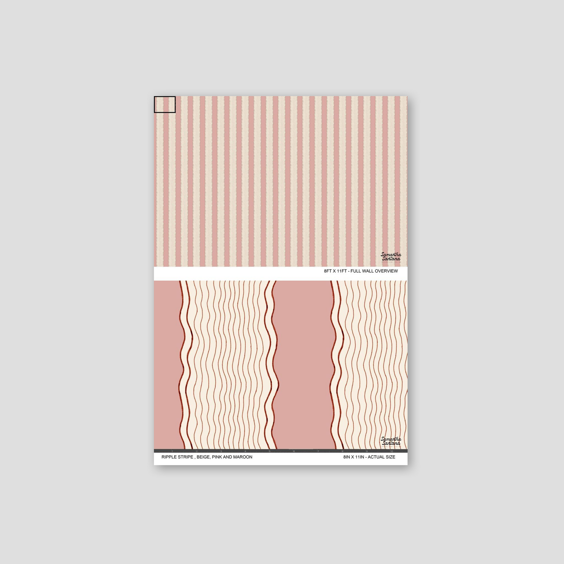 Ripple Stripe Wallpaper sample with beige, pink, and maroon wavy stripes.