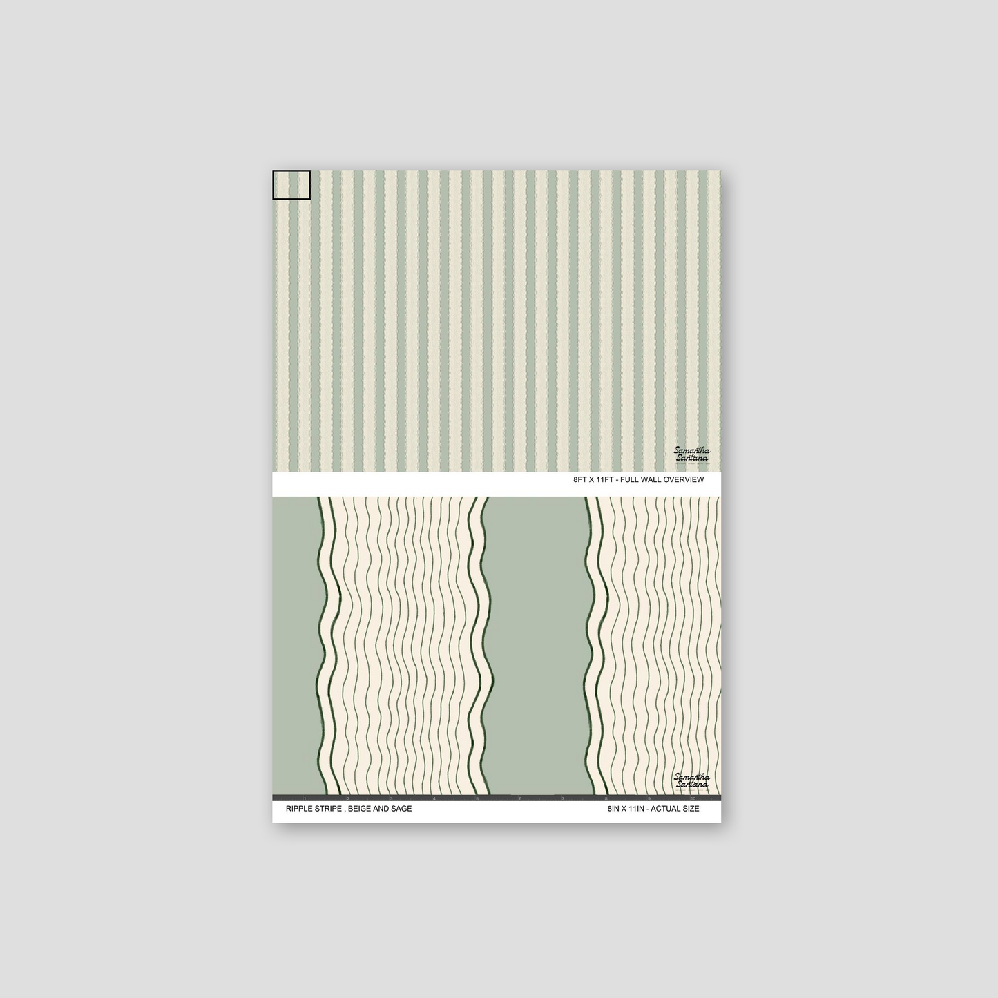 Ripple Stripe Wallpaper sample with beige and sage wavy stripes.