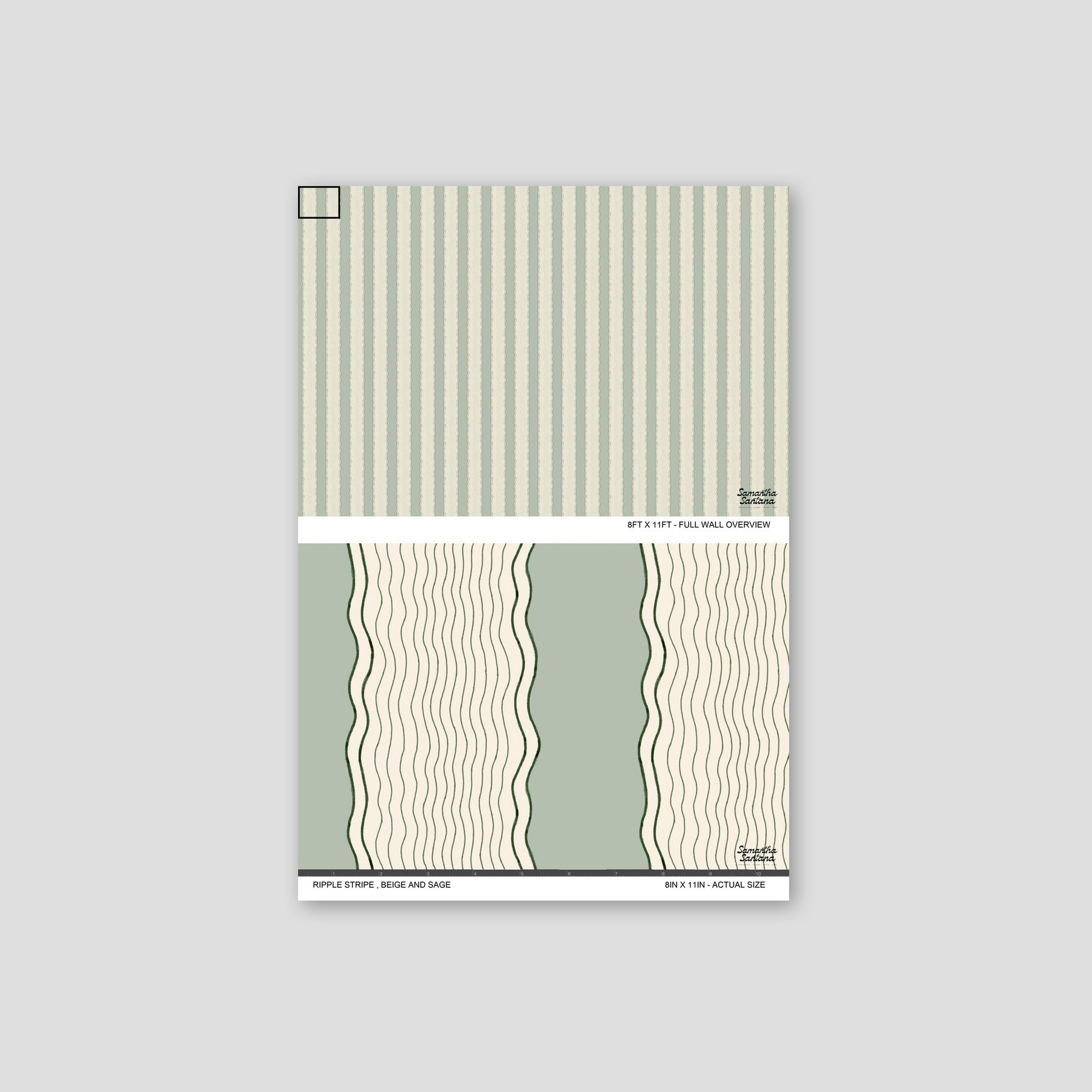 Ripple Stripe Wallpaper sample with beige and sage wavy stripes.