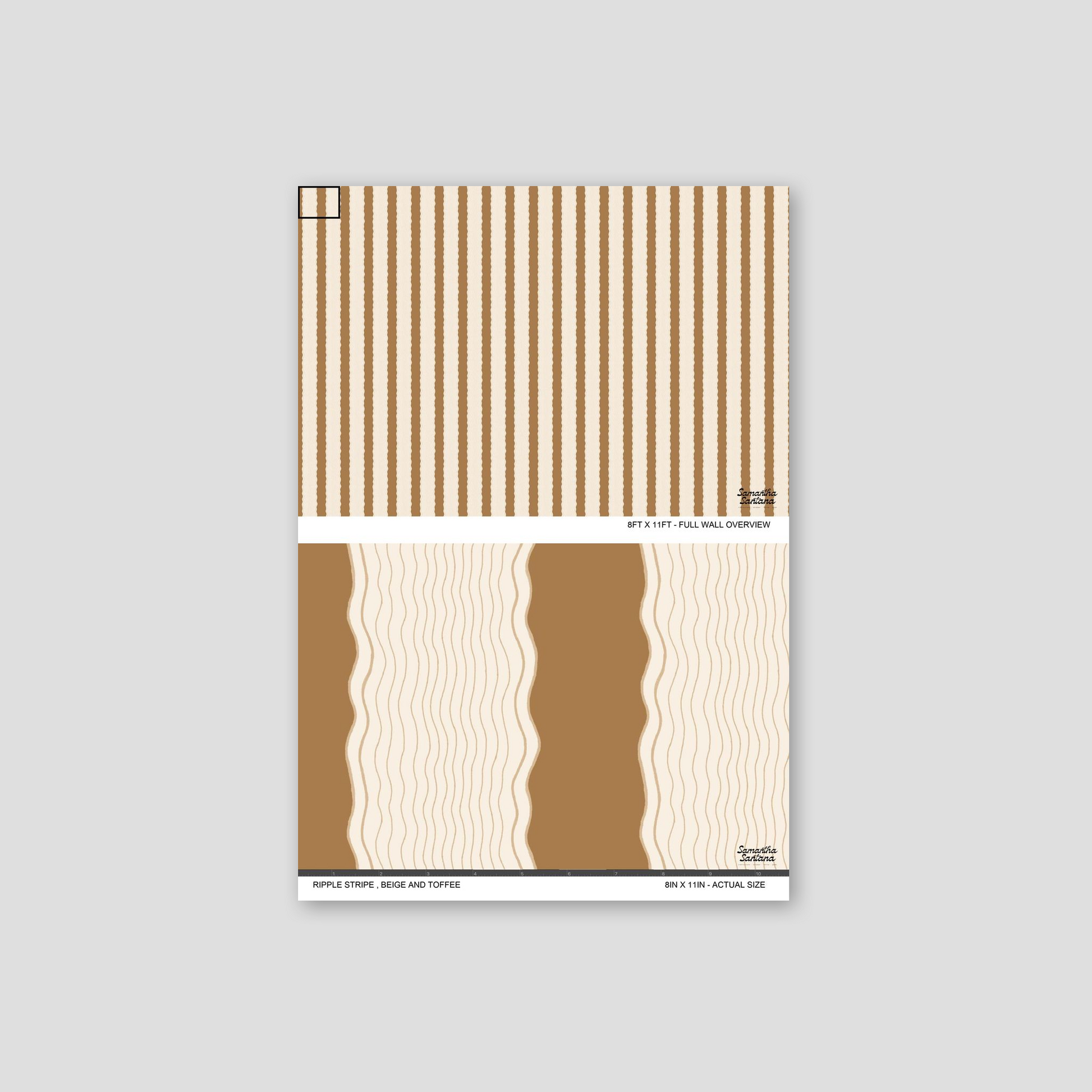 Ripple Stripe Wallpaper in beige and toffee with wavy lines.