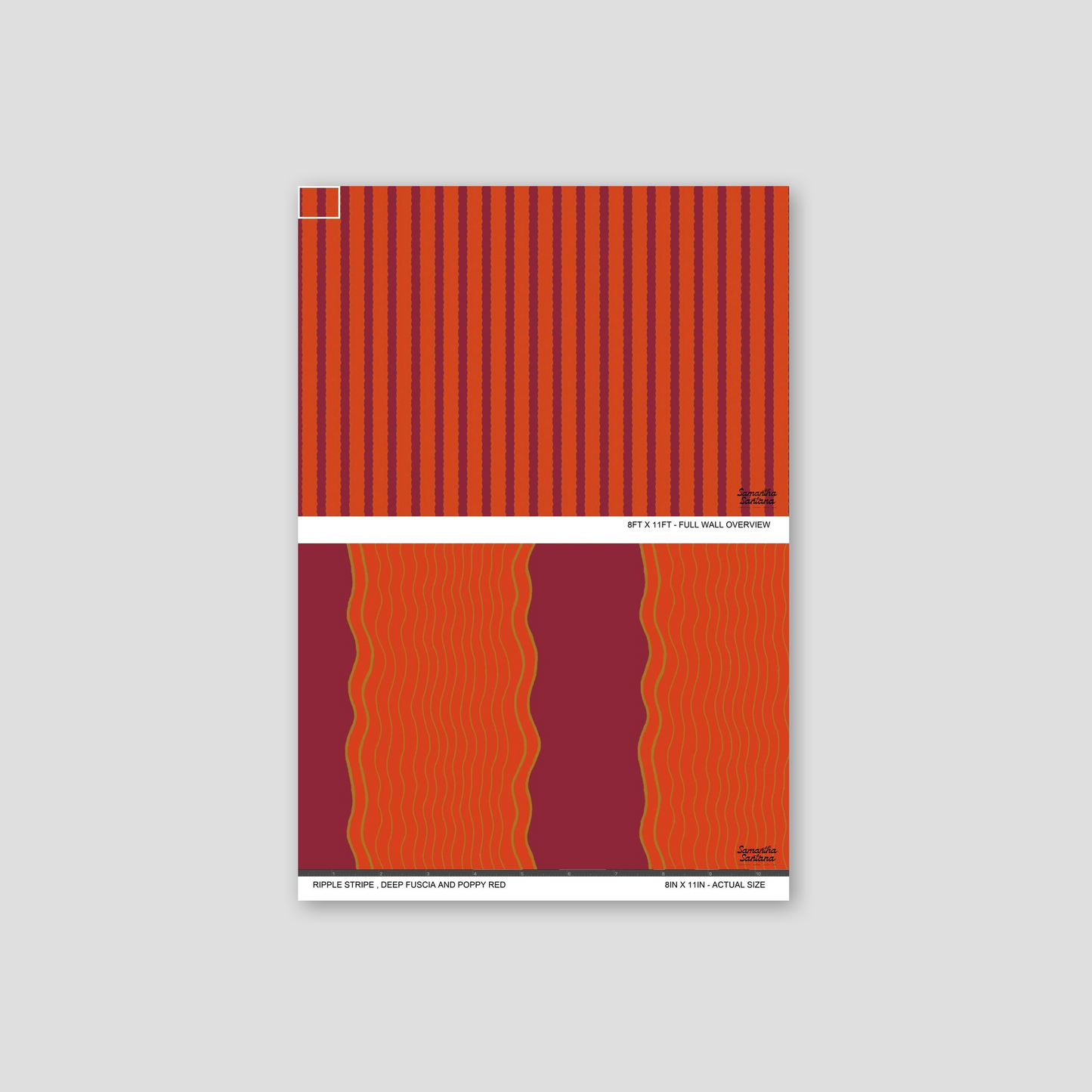 Ripple Stripe wallpaper sample in deep fuchsia and poppy red with wavy stripes.