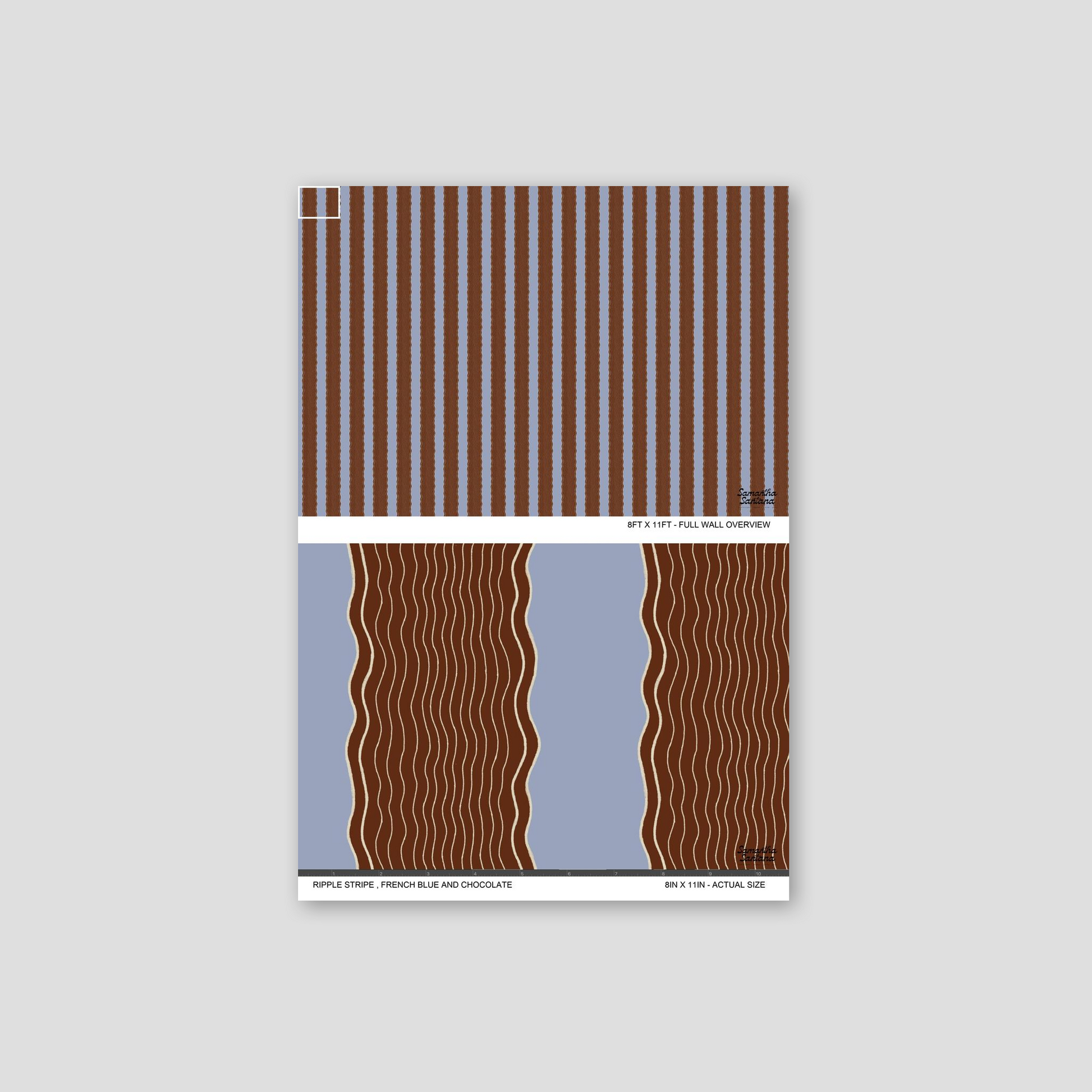 Ripple Stripe Wallpaper in French blue and chocolate with wavy pattern