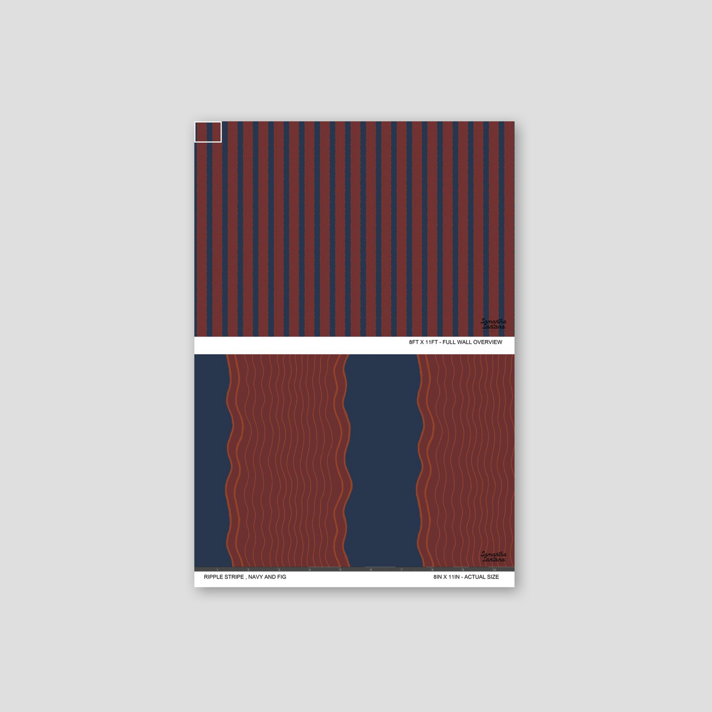 Ripple Stripe Wallpaper sample with navy and fig wavy stripes on a neutral background.