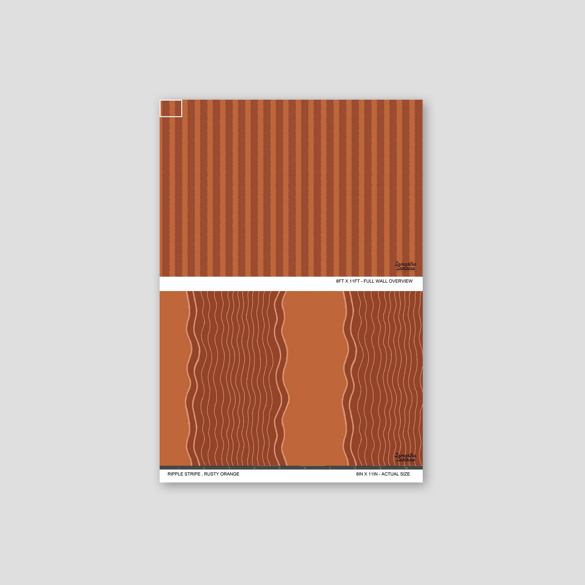 Ripple Stripe wallpaper in rusty orange with wavy lines on sample sheet.