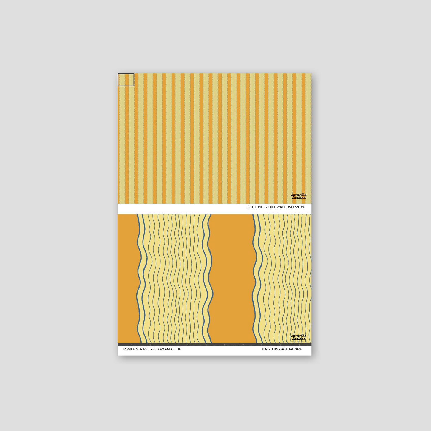 Ripple Stripe Wallpaper in yellow and blue with wavy geometric pattern.