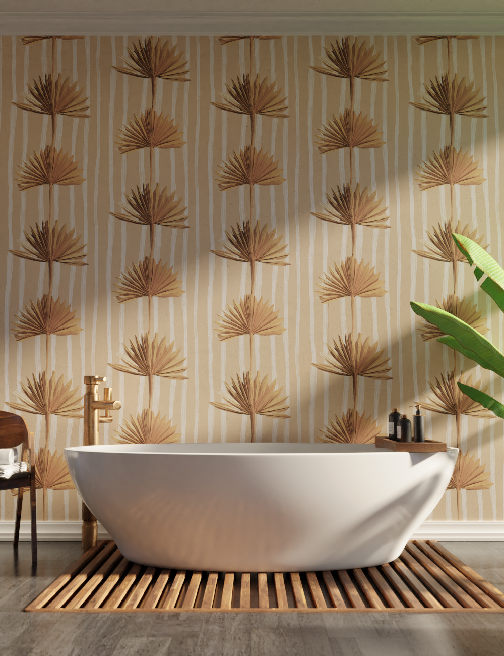 Stripey Palm Wallpaper, nude and off-white