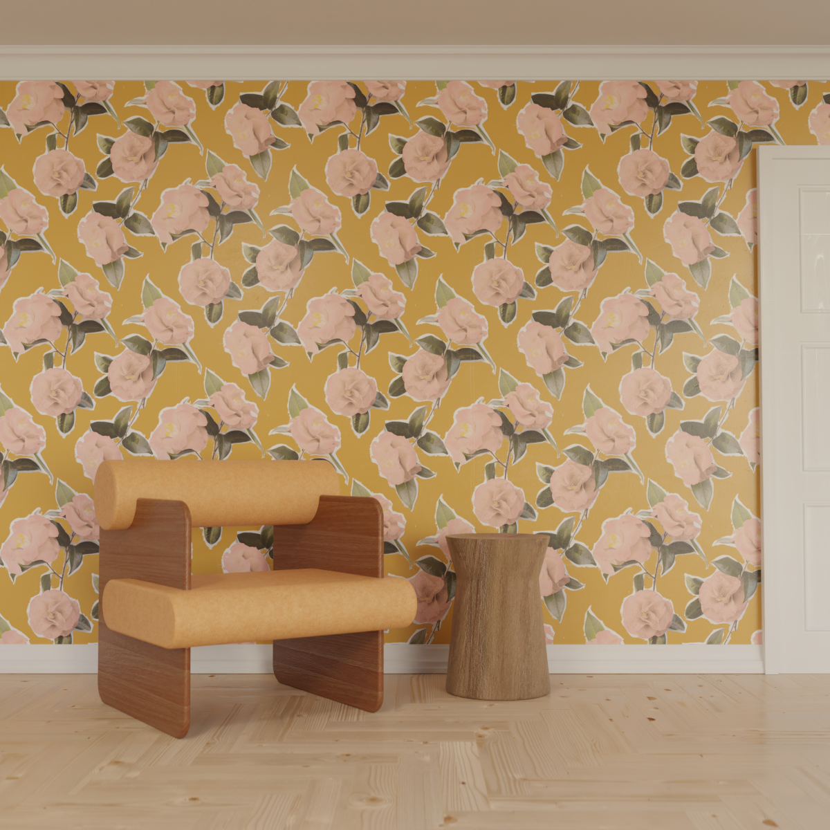 Camellia Wallpaper, mustard