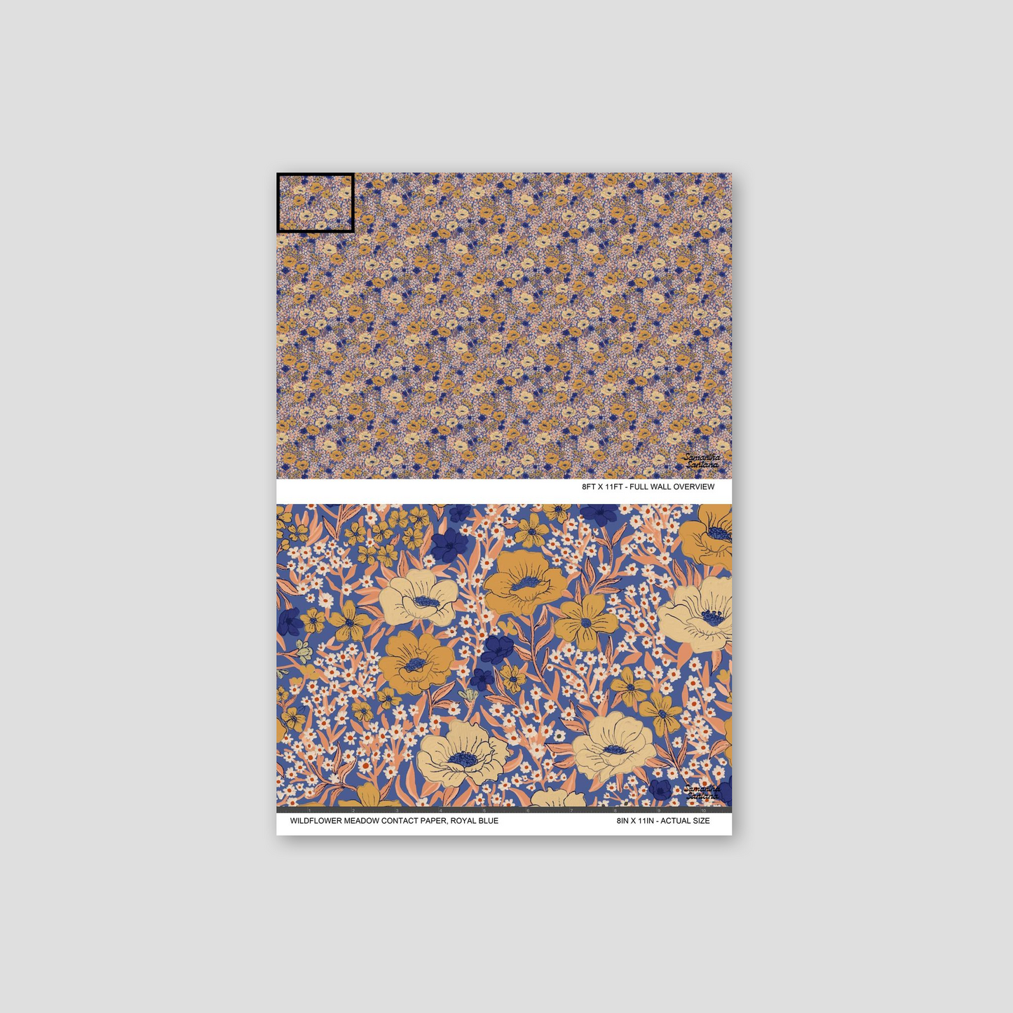 Royal blue floral contact paper, shelf liner with yellow and peach wildflowers, vibrant garden theme.
