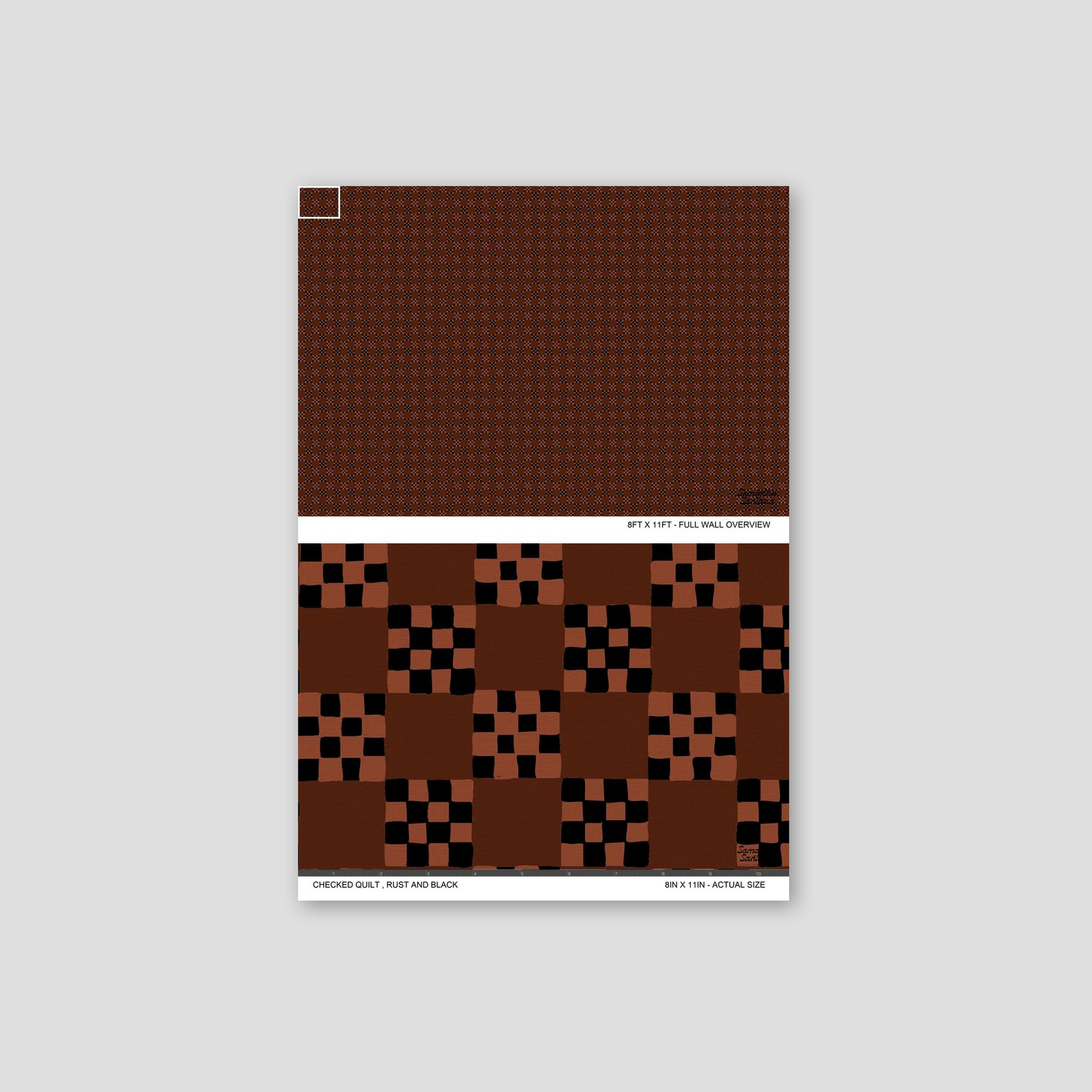 Rust and black checkerboard quilt wallpaper sample with geometric pattern.