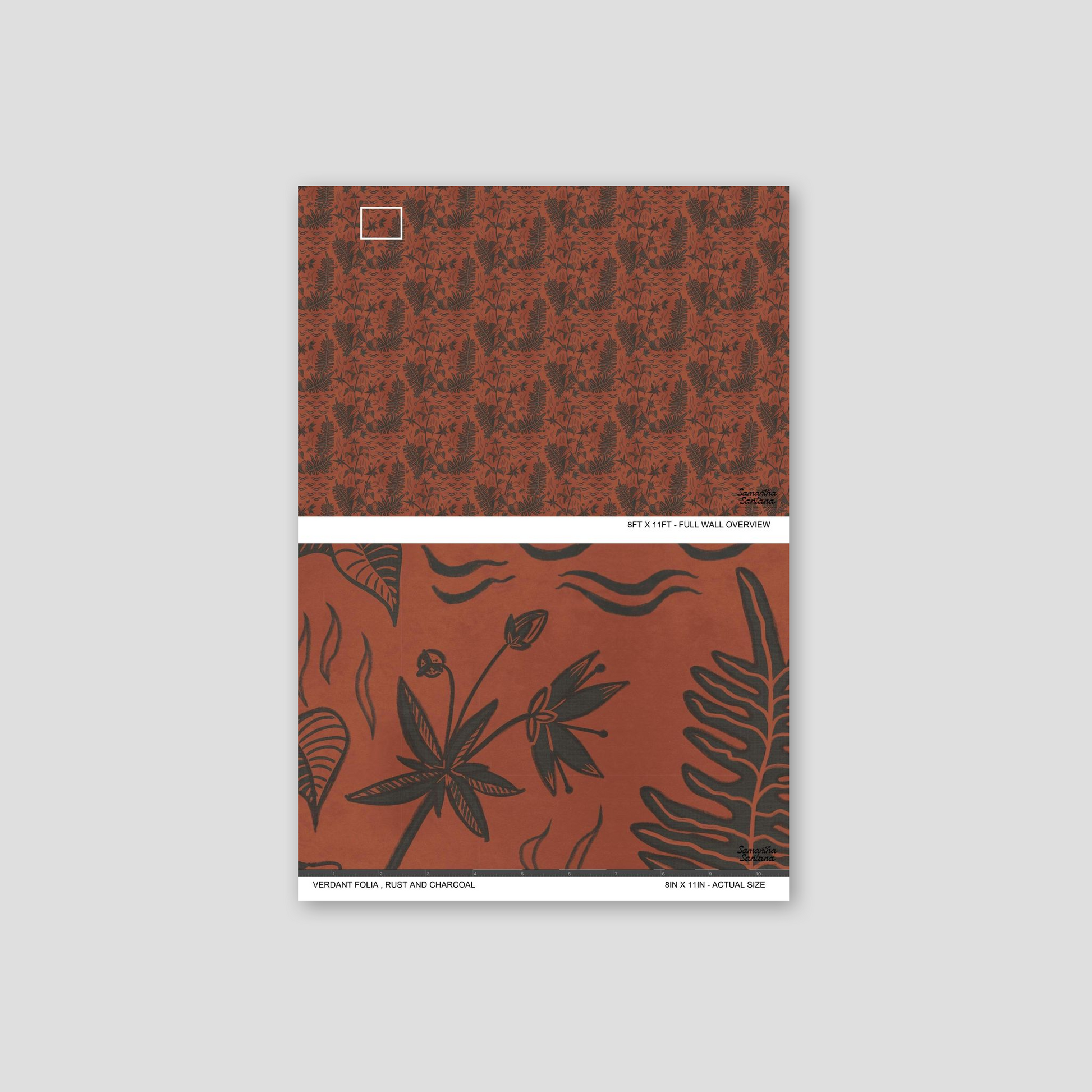 Rust and charcoal botanical wallpaper with intricate floral pattern sample.