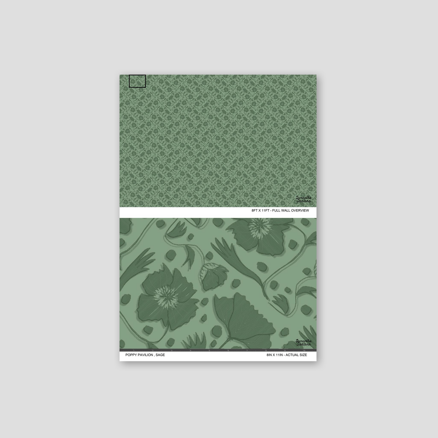 Sage green floral wallpaper with intricate botanical pattern sample.